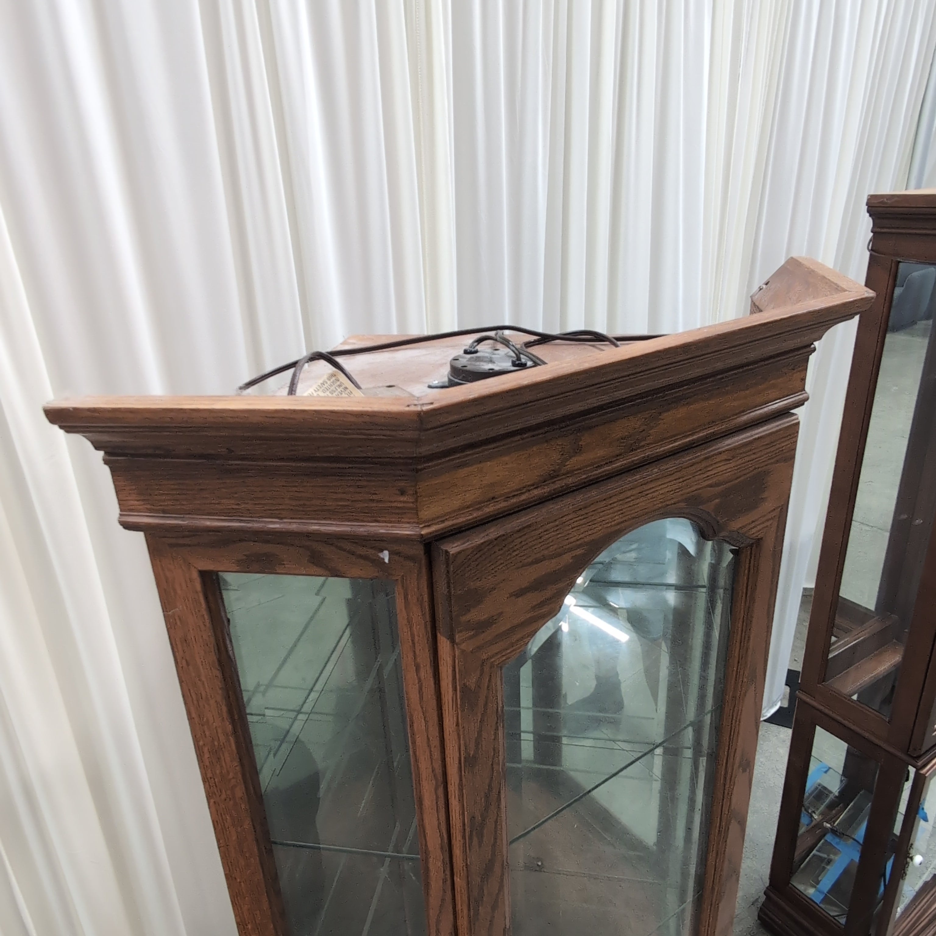Oak Finish Corner China Cabinet with Glass Doors
