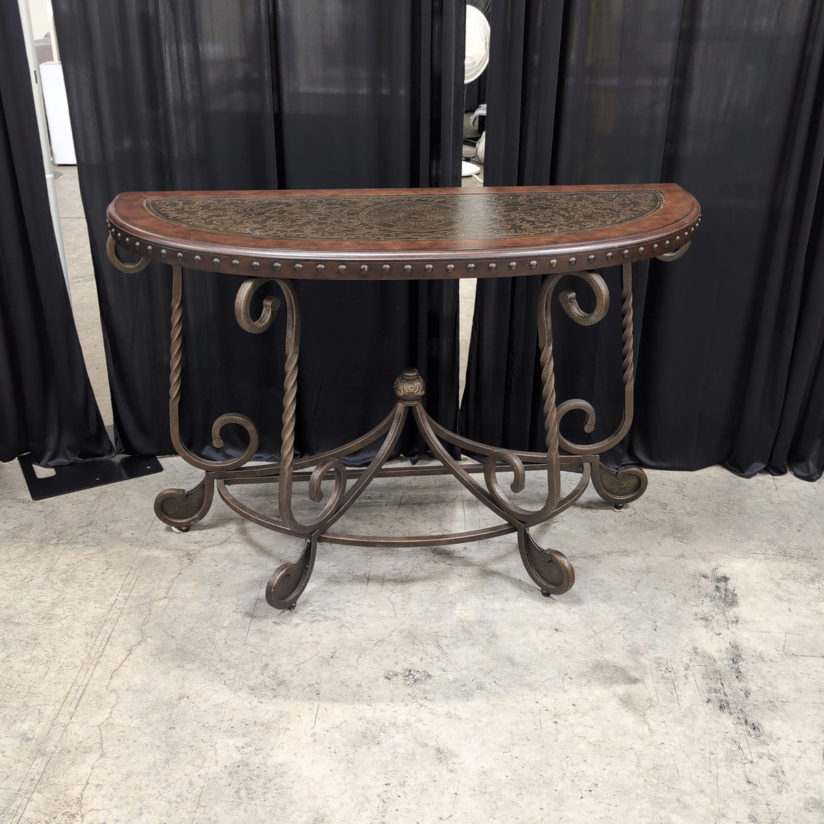 Demilune Dark Wood Console Table with Ornate Metal Base