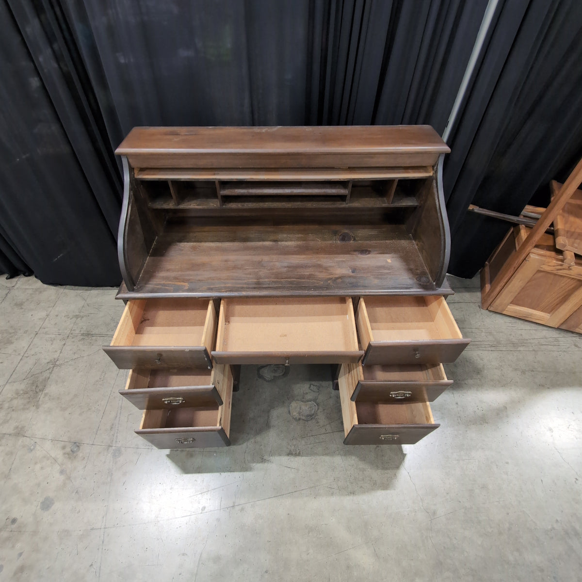 Traditional Dark Wood Roll-Top Desk with Drawers