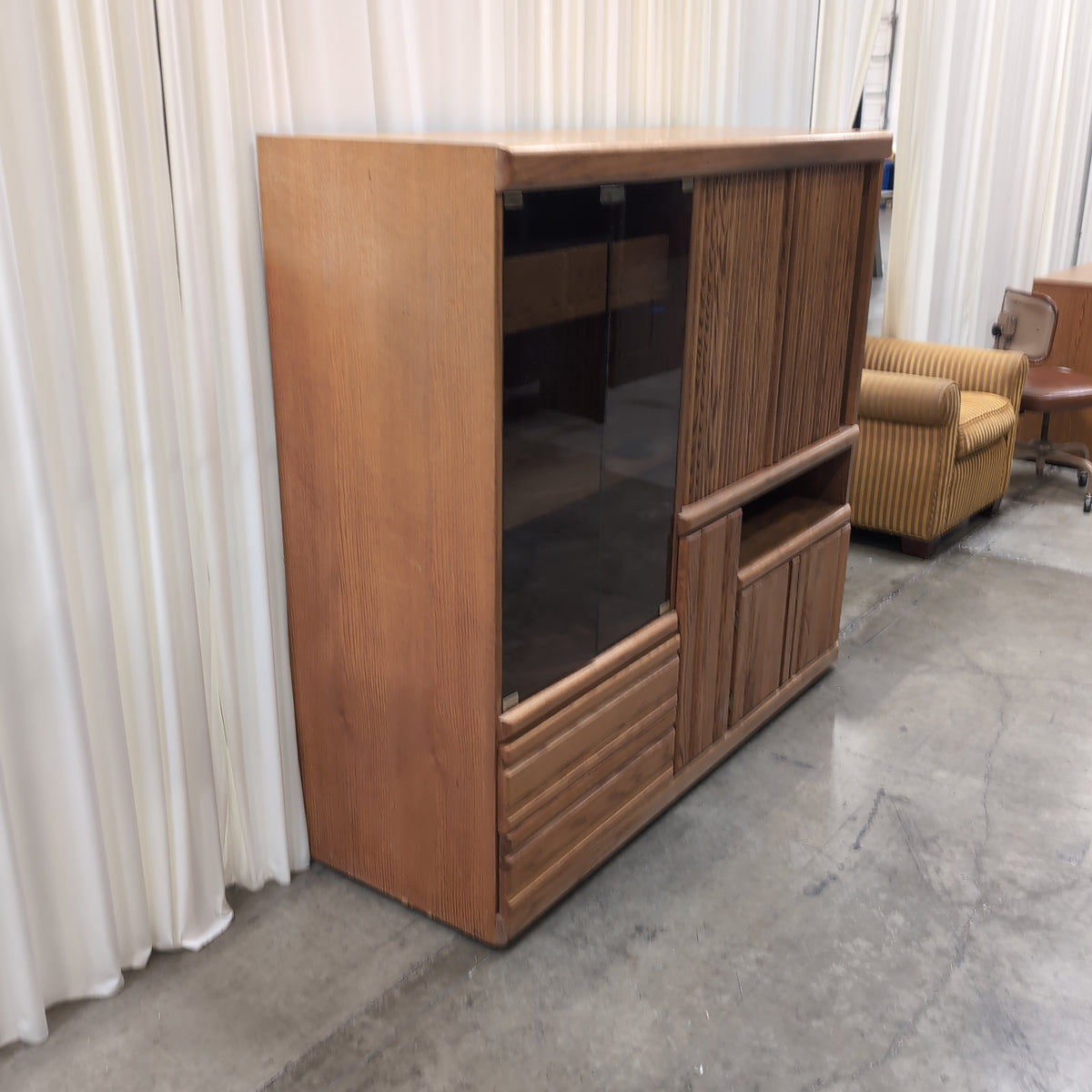 Oak Hardwood TV Stand with Smoked Glass Doors