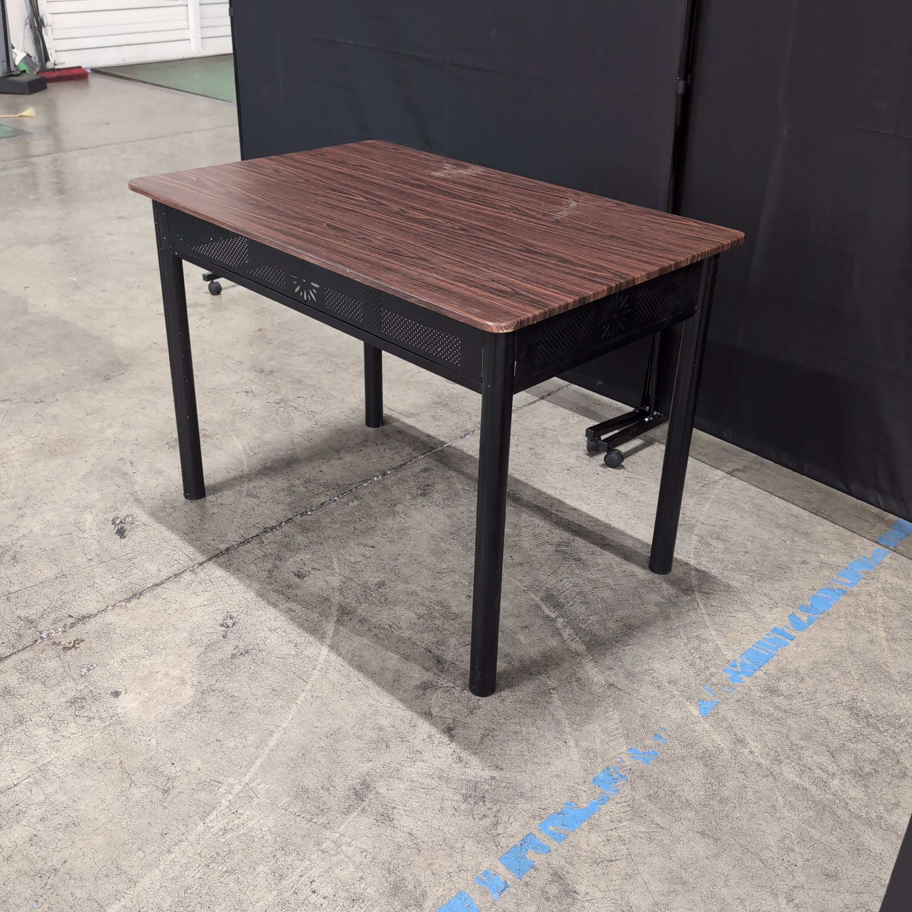 Brown Wood-Grain Top Desk with Perforated Metal Panel