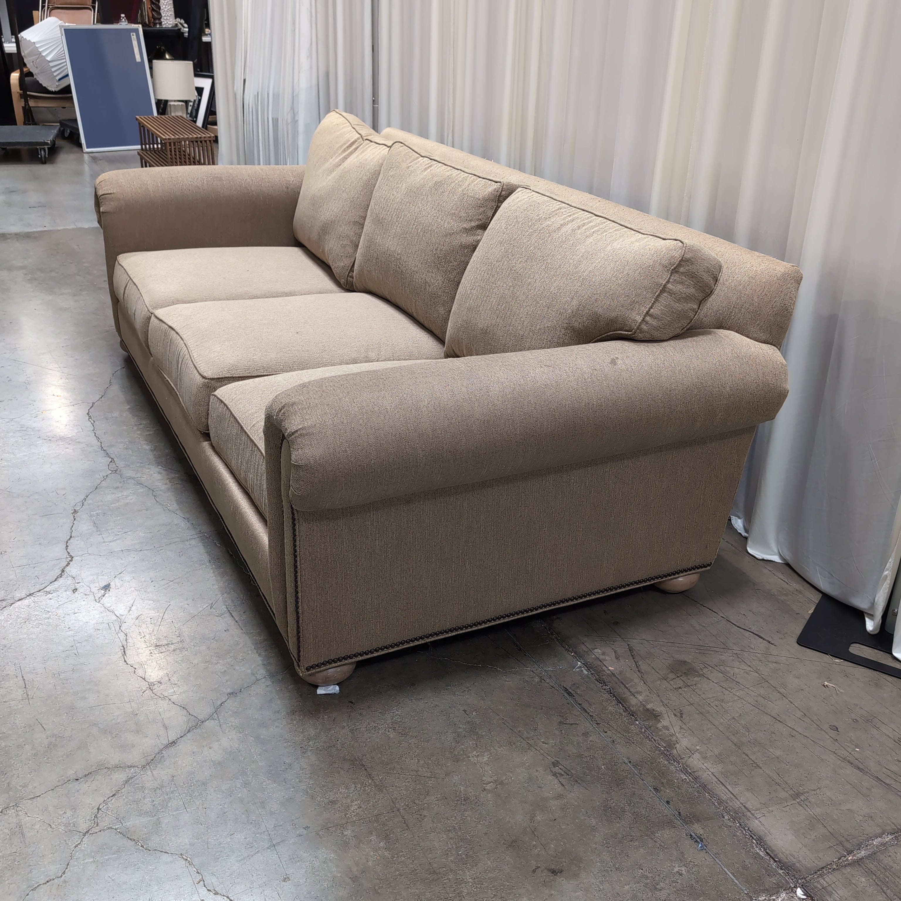 Tan Woven Fabric Three-Cushion Couch