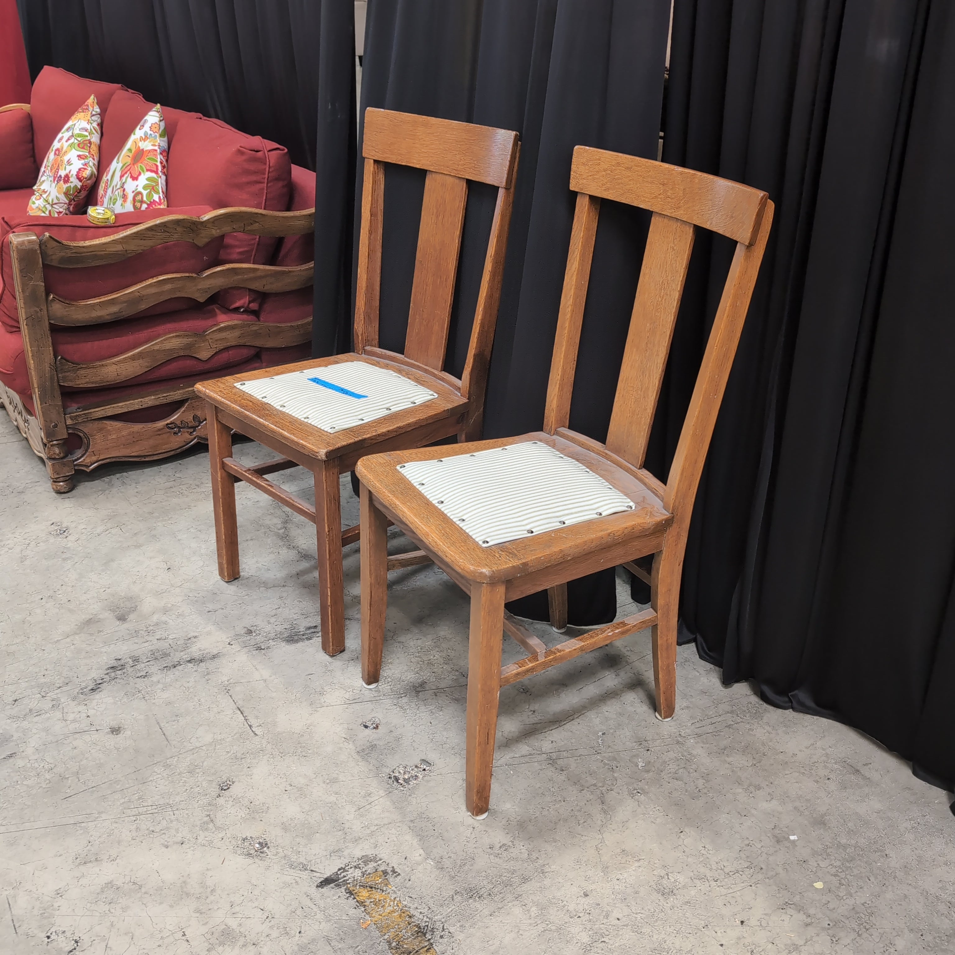 Pair of Oak T-Back Dining Chair with Striped Upholstery