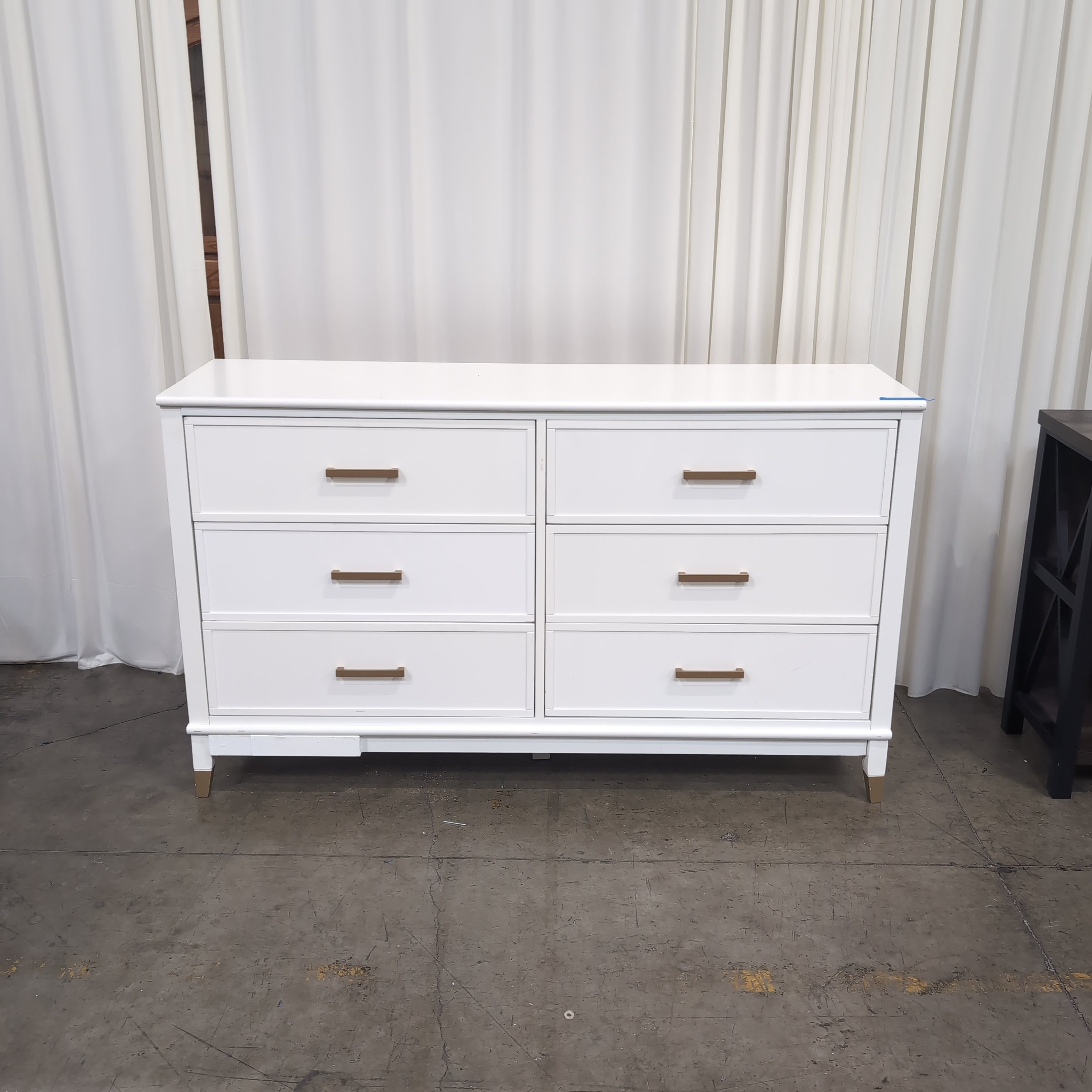 White Six-Drawer Wood Dresser with Gold Hardware