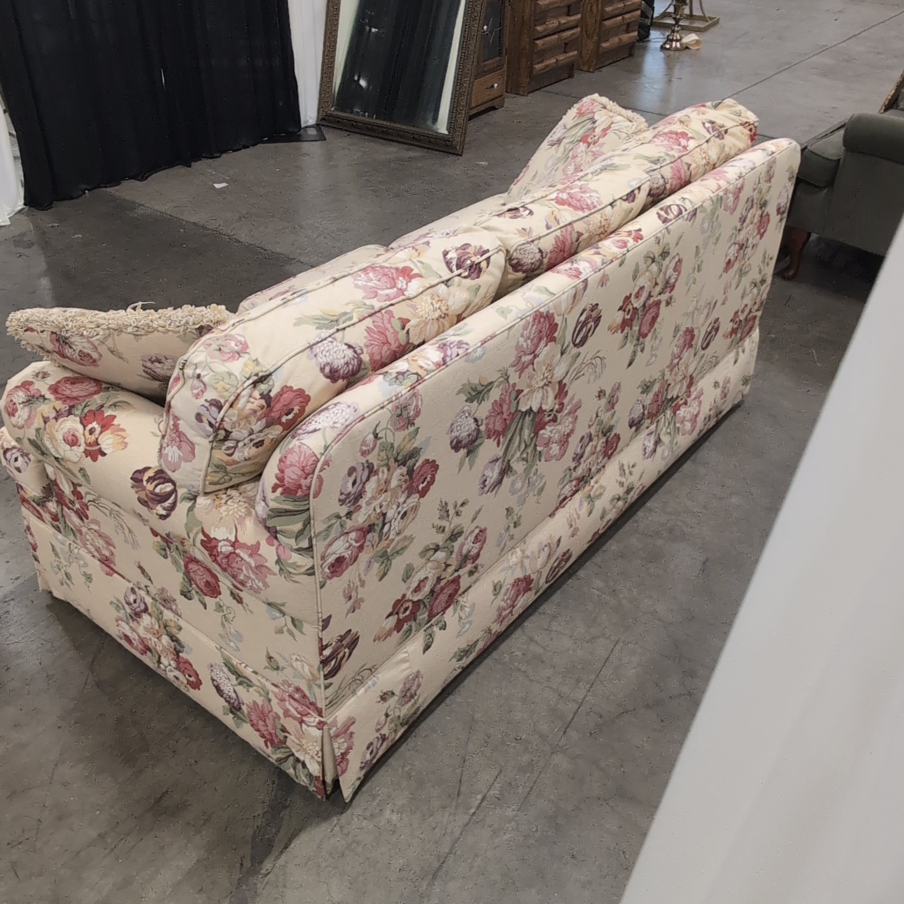 Ethan Allen Cream Floral Rolled Arm Three-Seat Couch