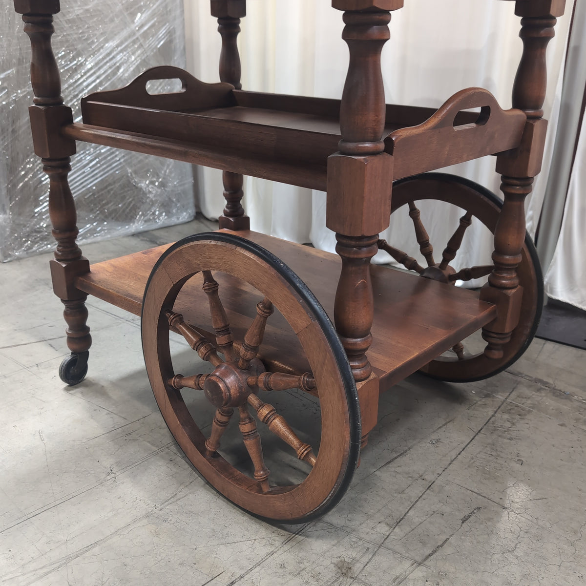Medium Brown Wood Drop Leaf Rolling Tea Cart