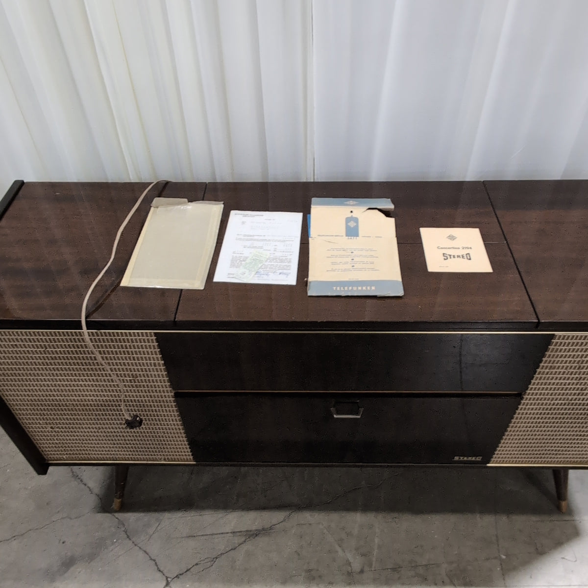 Mid-Century Dark Wood Stereo Console with Woven Grilles