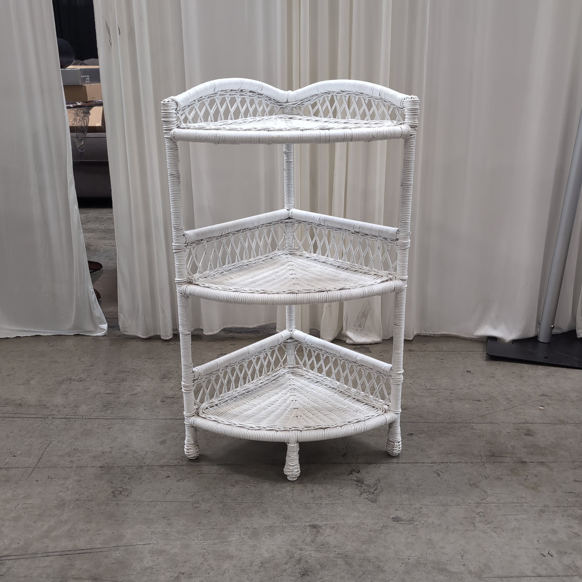 White Wicker Three-Tier Corner Shelf
