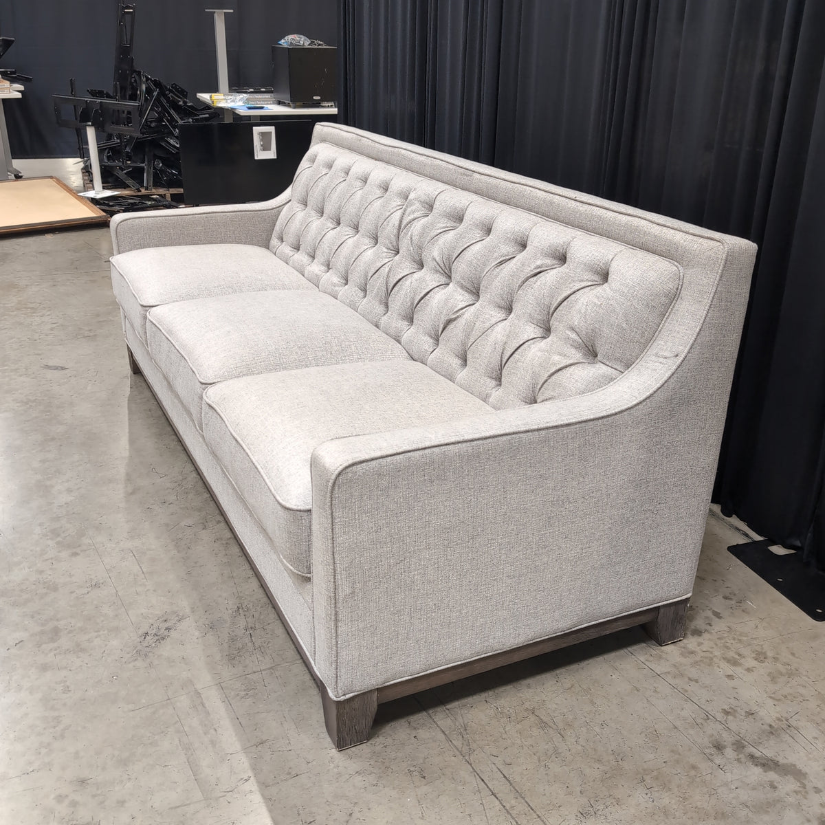 Grey Fabric Tufted Back Couch with Wood Base