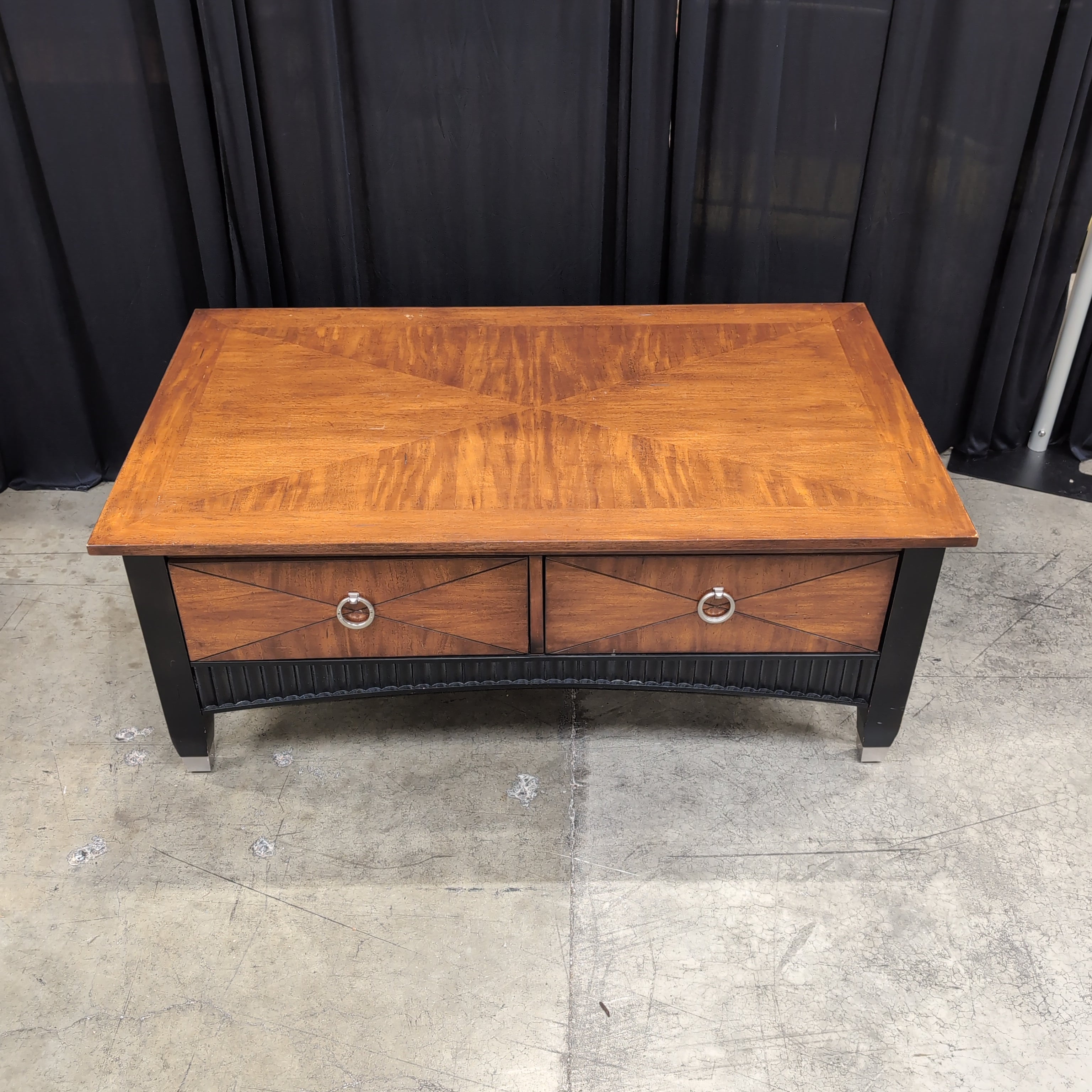 Warm Brown Wood Coffee Table with Geometric Veneer Top