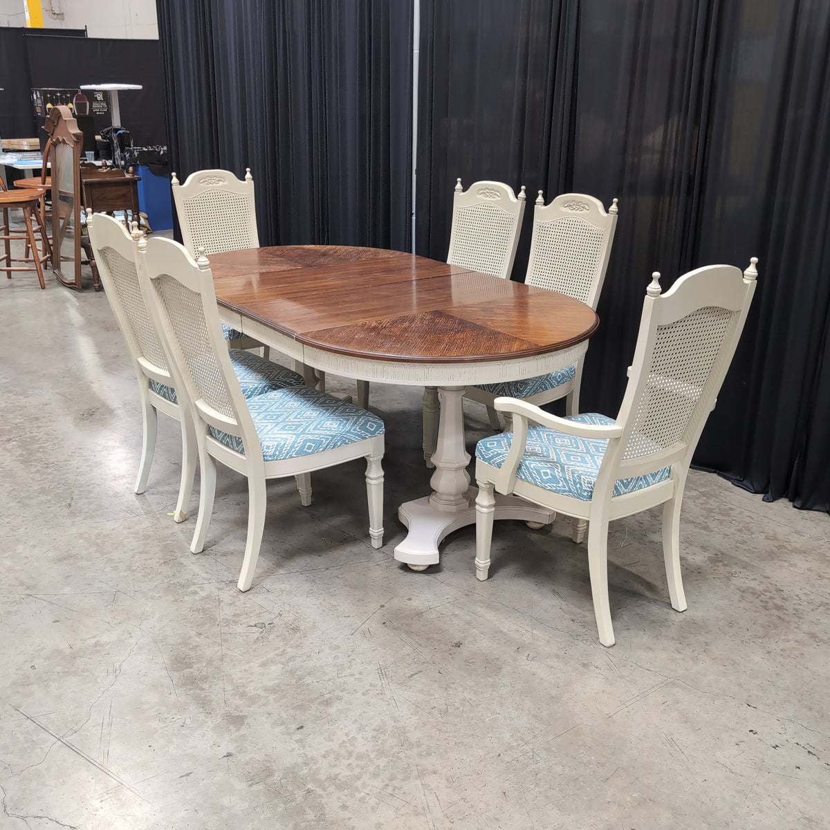 Cream Painted Pedestal Dining Table with Cane Back Chairs