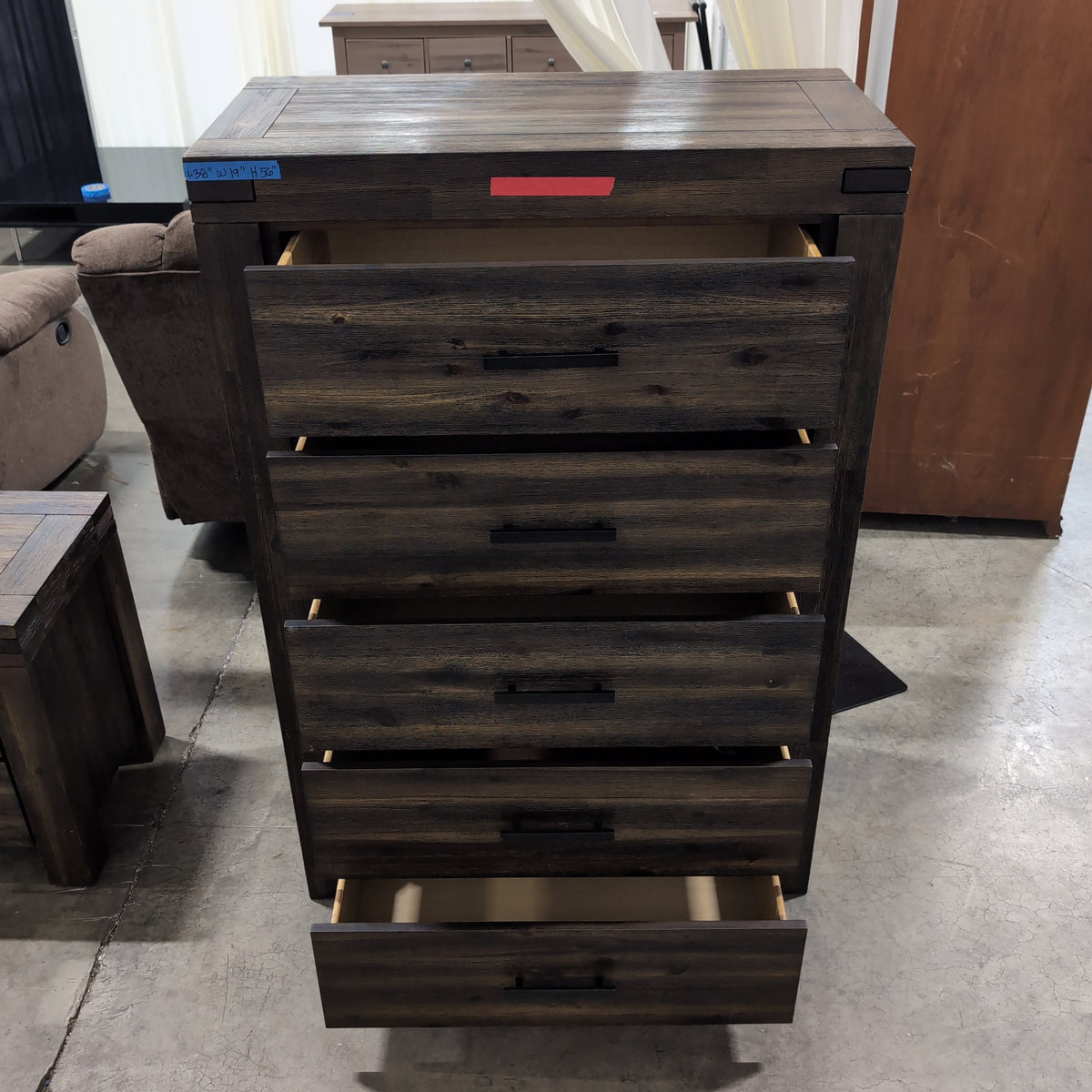 Rustic Dark Wood Five-Drawer Dresser with Black Pulls