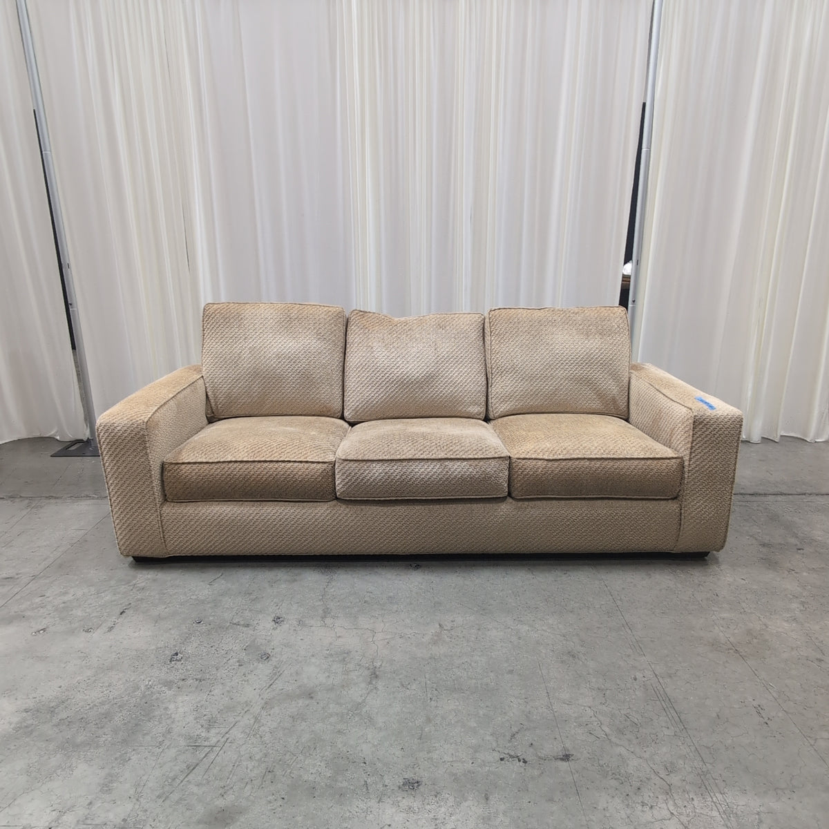 Classic Tan Upholstered Couch in Woven Fabric