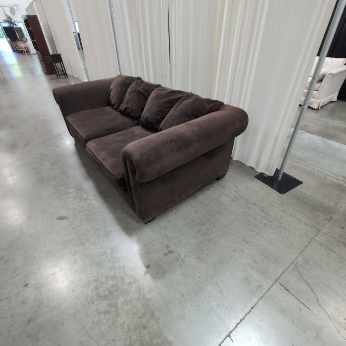Dark Brown Plush Fabric Couch with Nailhead Trim