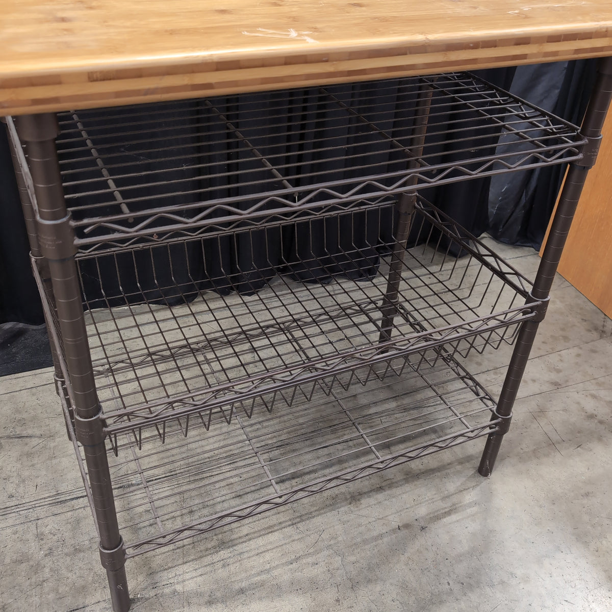 Light Wood Top Dark Metal Kitchen Cart with Wire Shelves