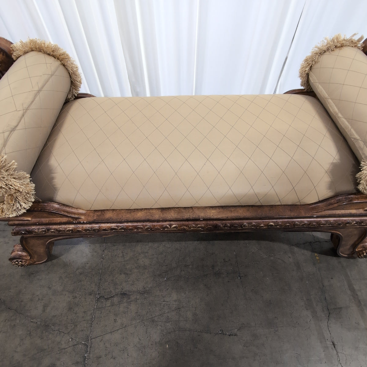 Horchowineiman Marcus-Ornate Traditional Beige Upholstered Bench in Dark Wood