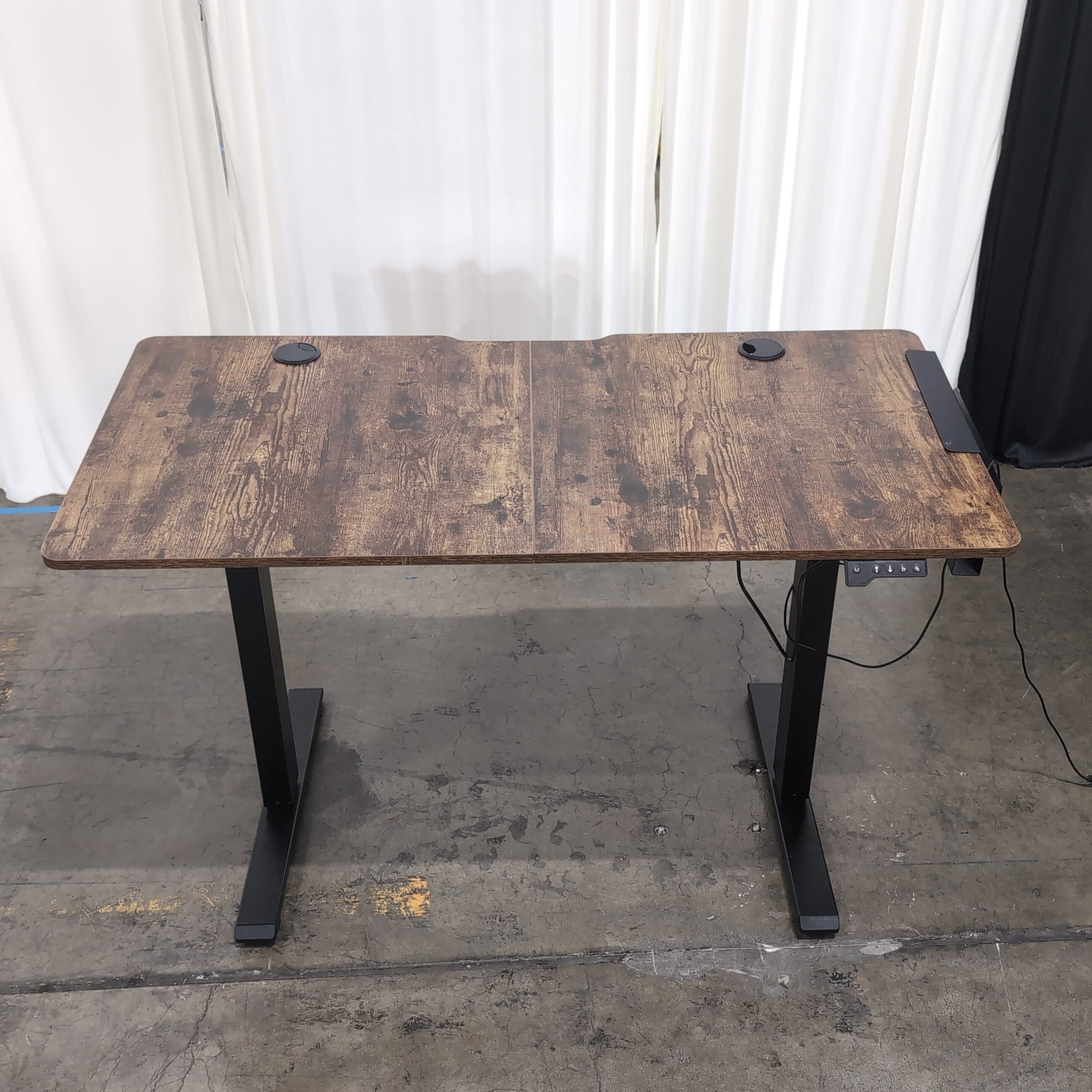 Dark Wood Look Adjustable Height Desk with Black Metal Base