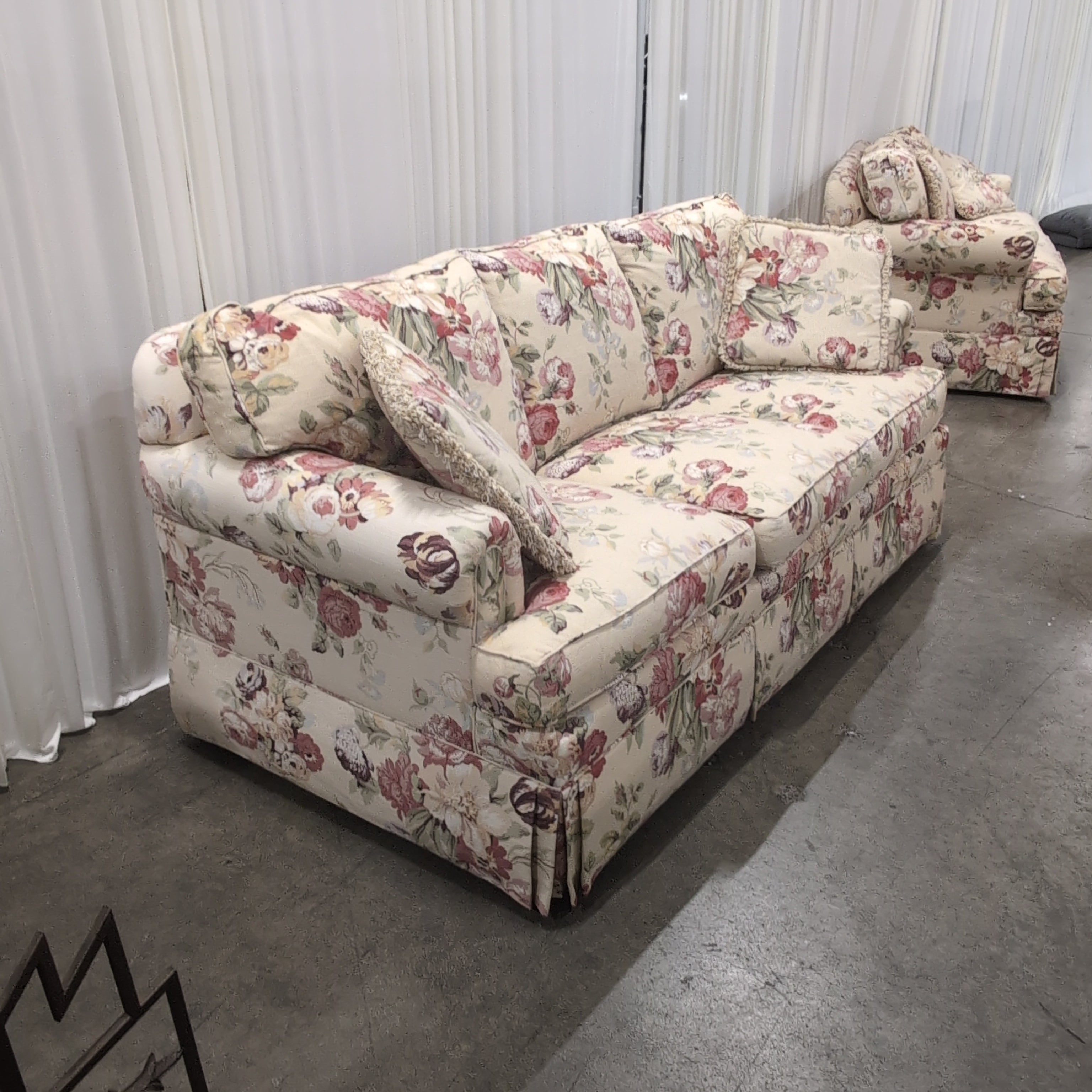 Ethan Allen Cream Floral Rolled Arm Three-Seat Couch