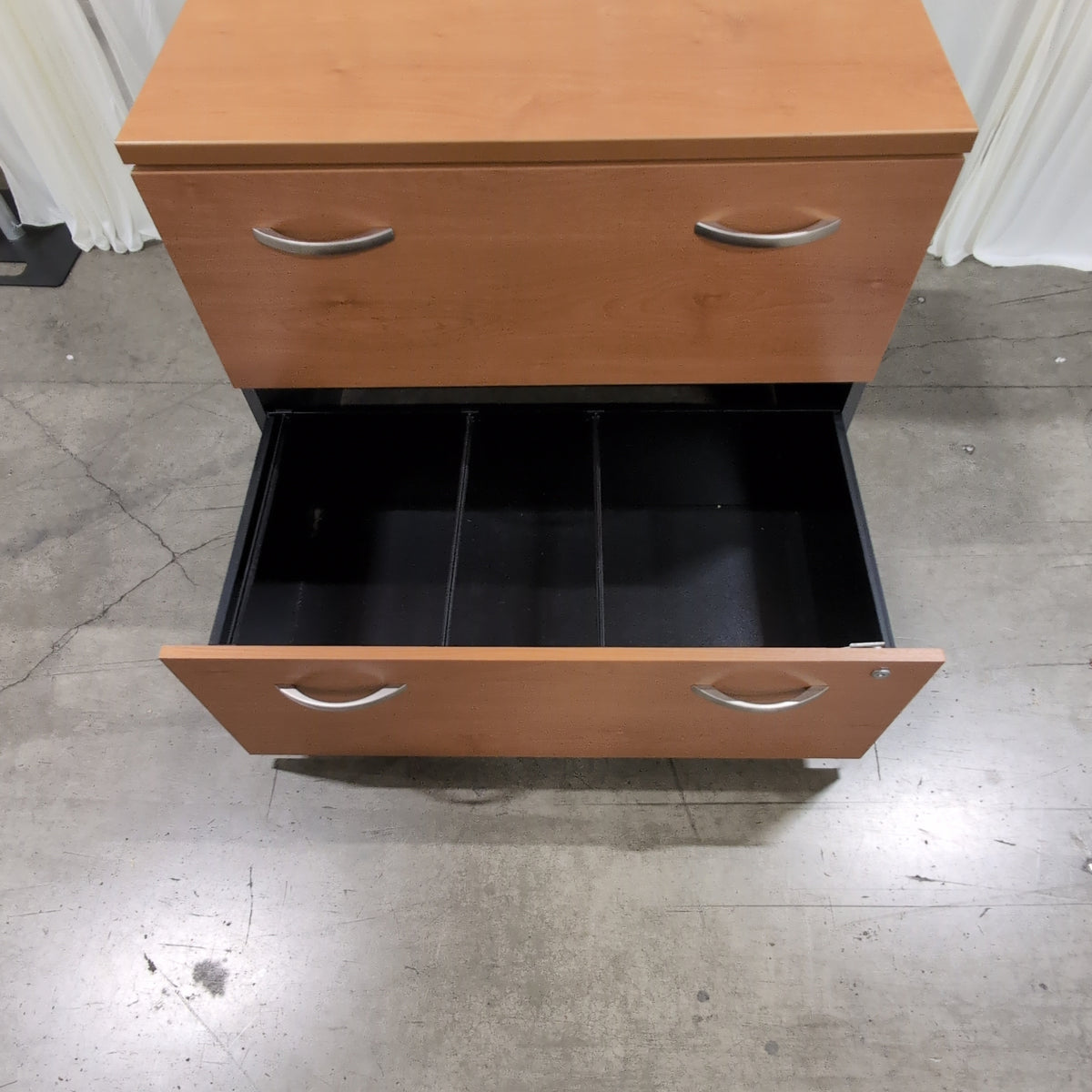 Light Wood Two-Drawer Filing Cabinet with Silver Pulls