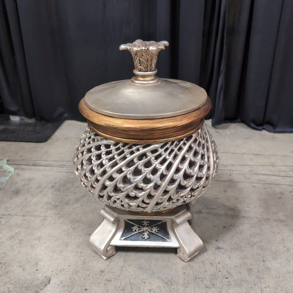 Metallic Ornate Lidded Jar with Acanthus Finial