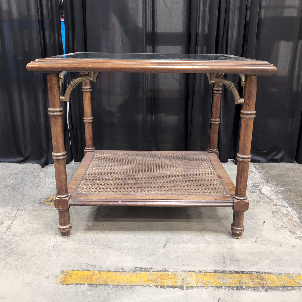 Chinoiserie Style Wood End Table with Cane Shelf