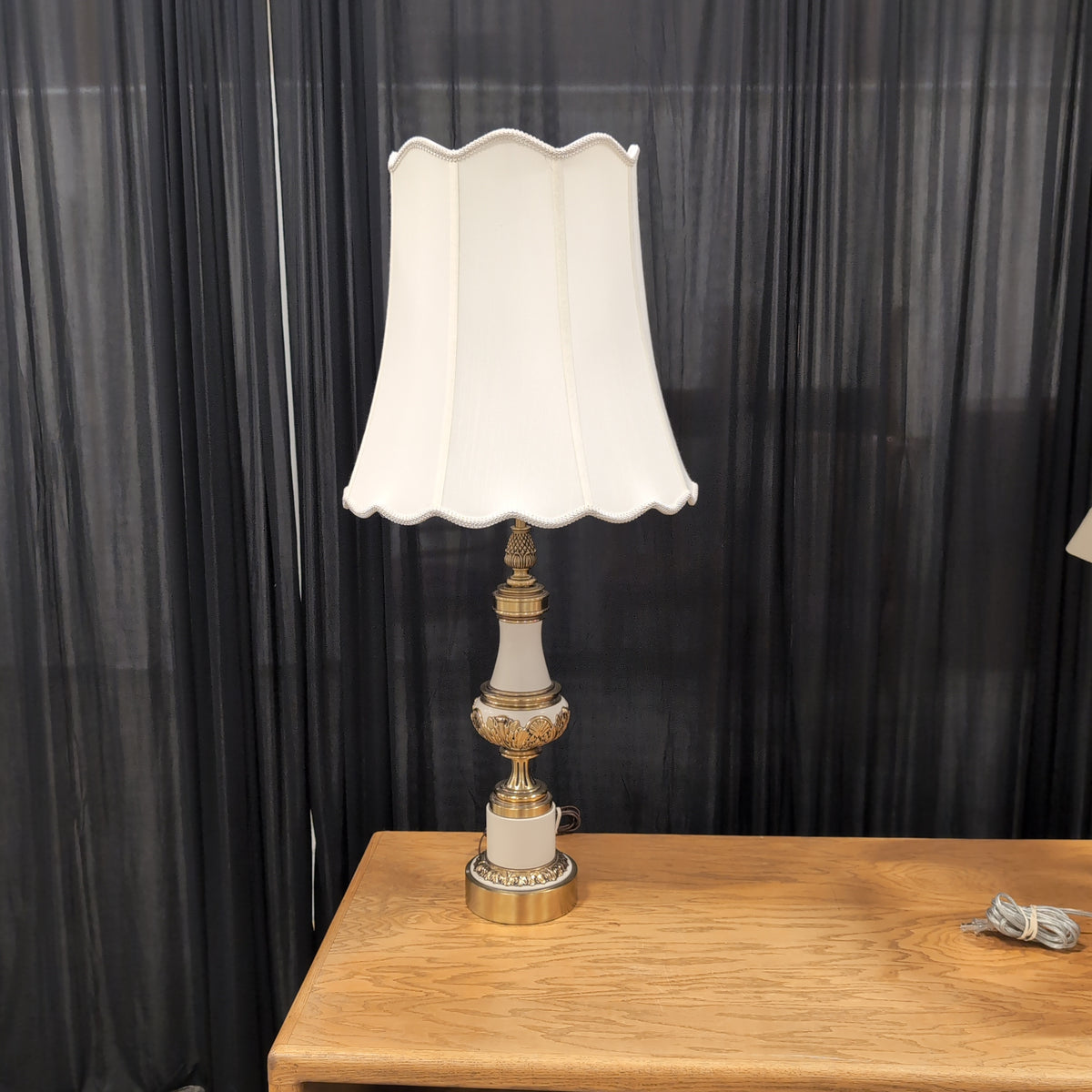 Traditional Brass and White Ceramic Table Lamp with Scalloped Shade
