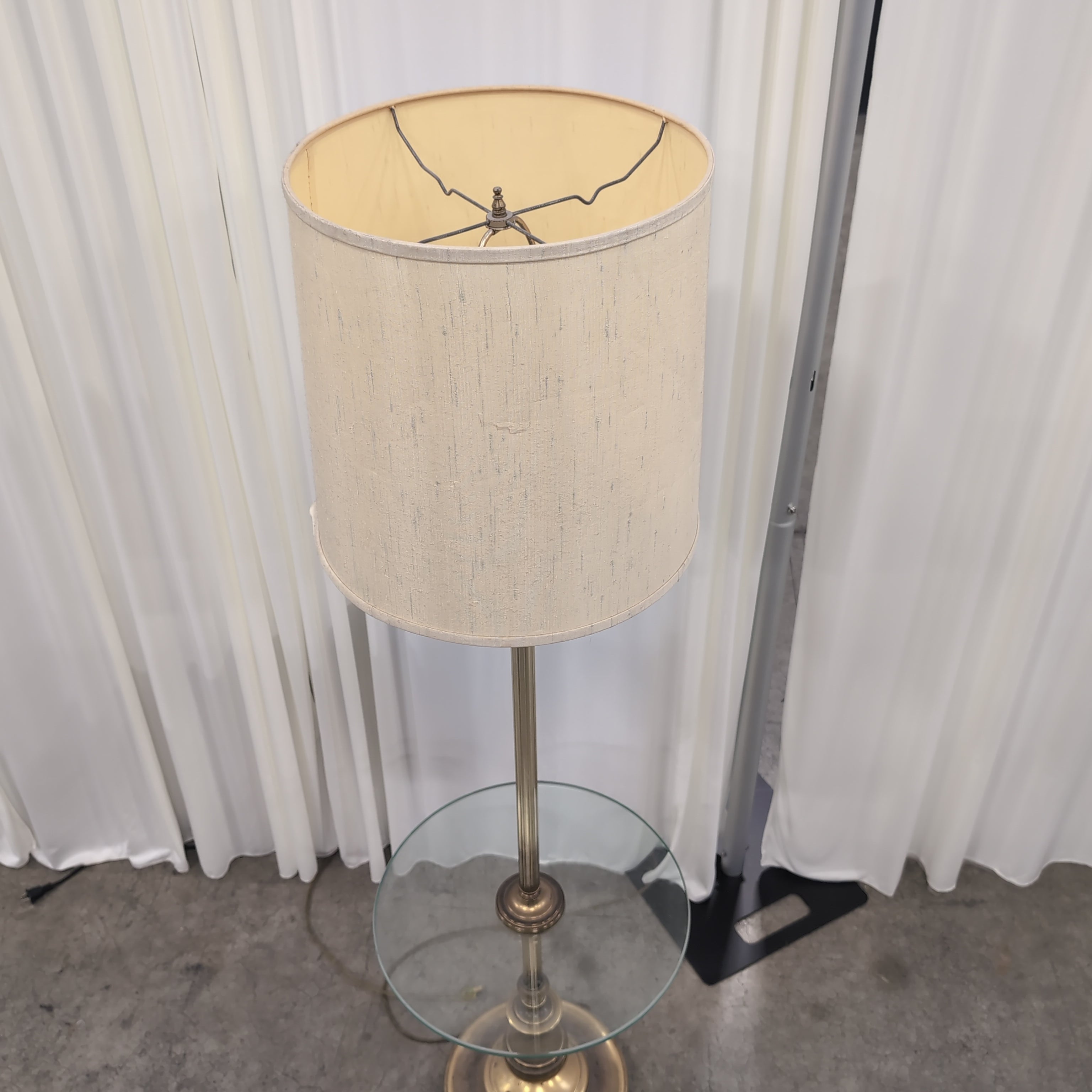 Brass-Toned Floor Lamp with Round Glass Table