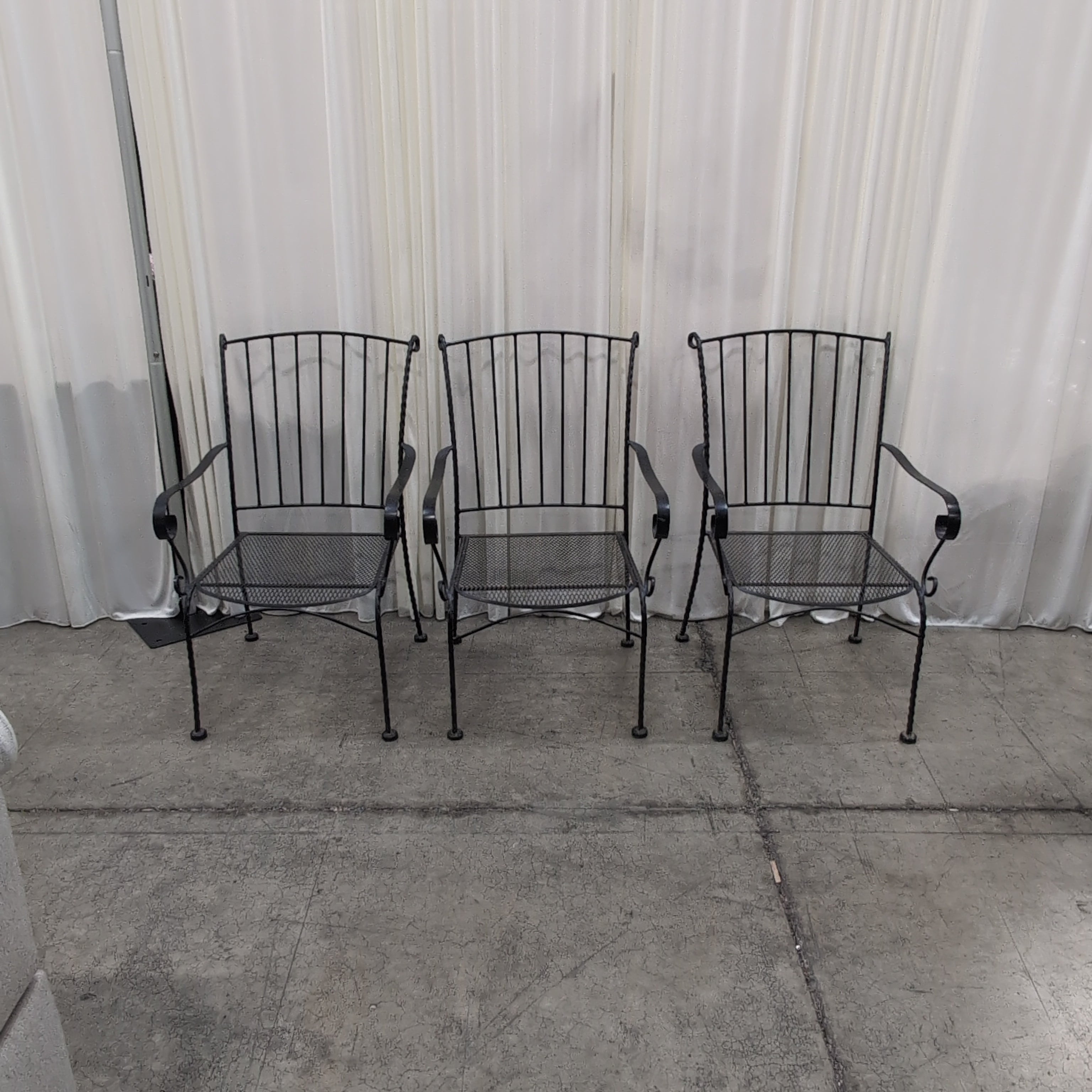 Set of Three Black Scrolled Metal Outdoor Chairs with Gray Cushions