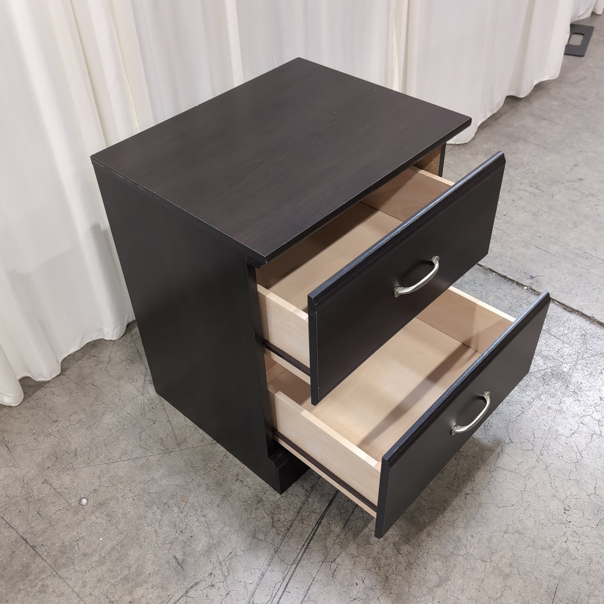 Dark Brown Two-Drawer Nightstand with Silver Pulls