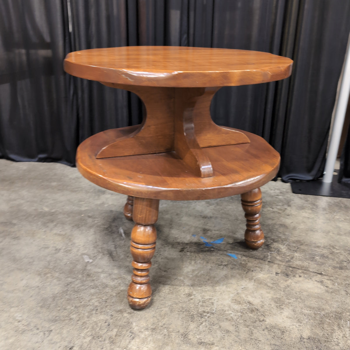 Two-Tiered Round Wood End Table with Turned Legs