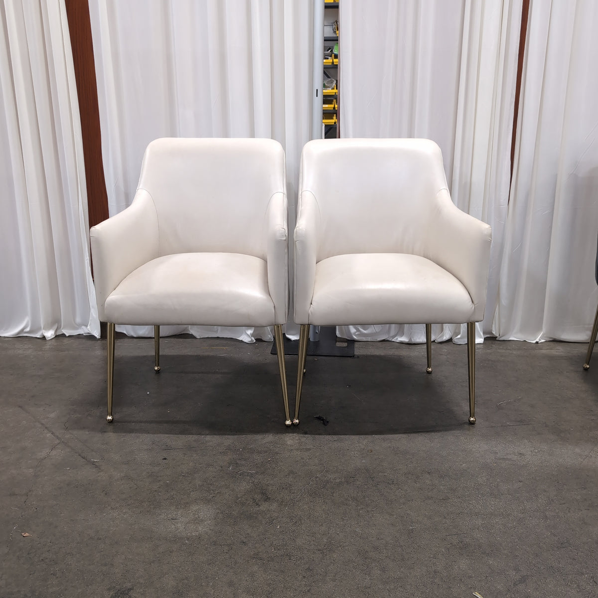 Pair of Antropologie Off-White Upholstered Arm Chair with Tapered Metal Legs