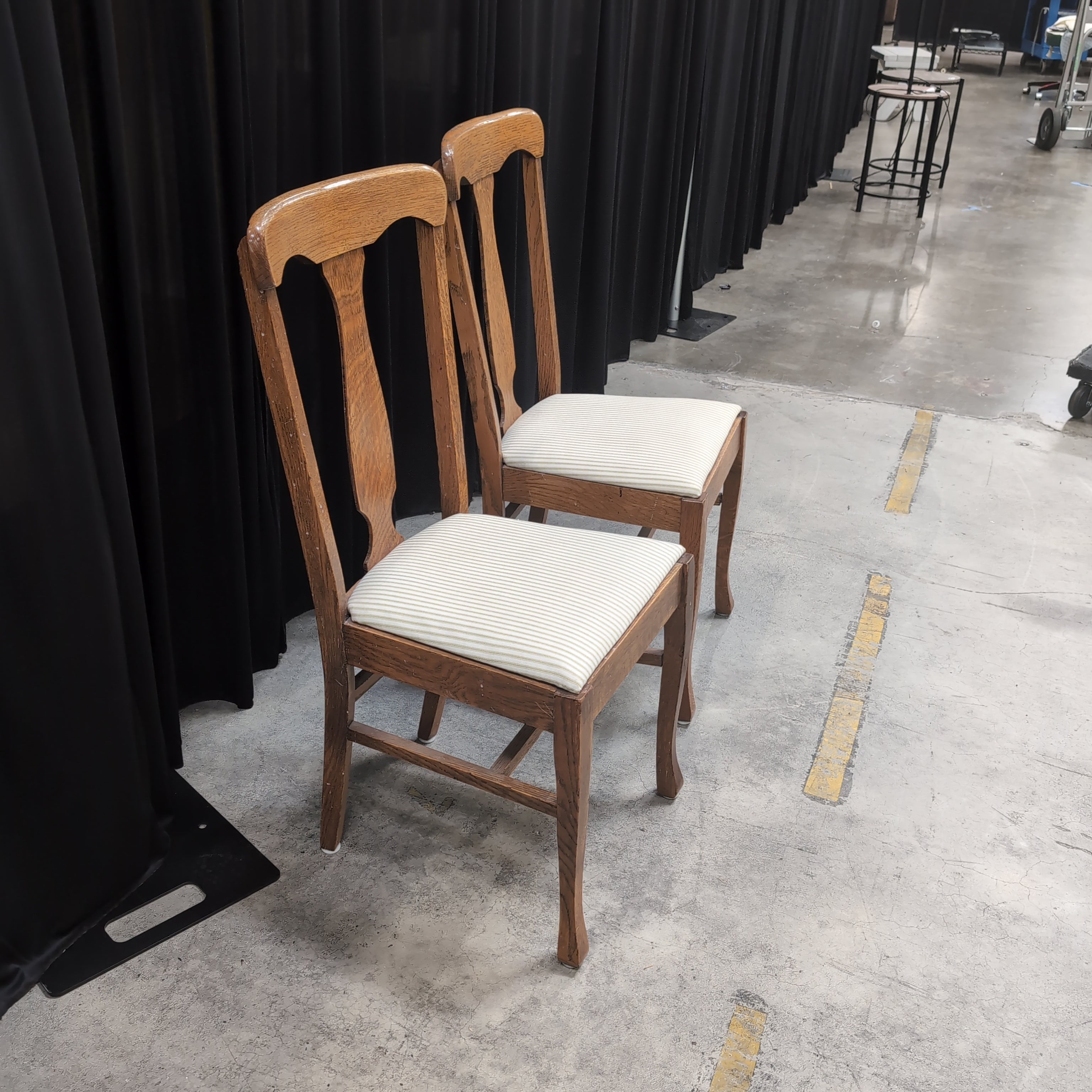 Pair of Vintage Oak Dining Chair with Striped Upholstery