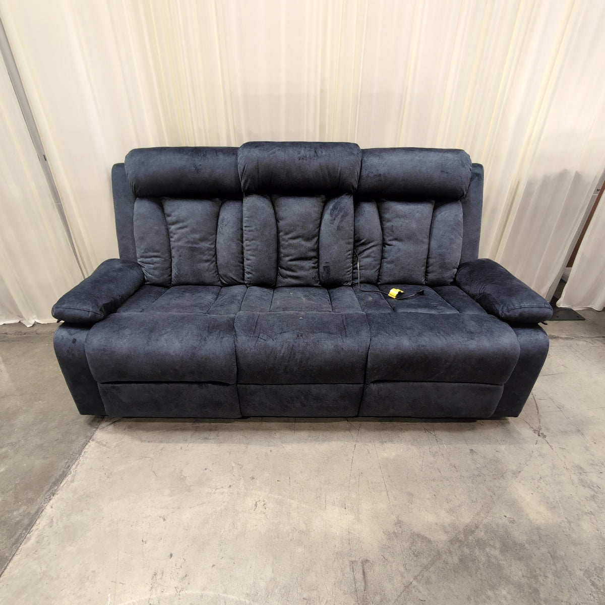 Charcoal Blue Microsuede Reclining Couch with Channel Tufting