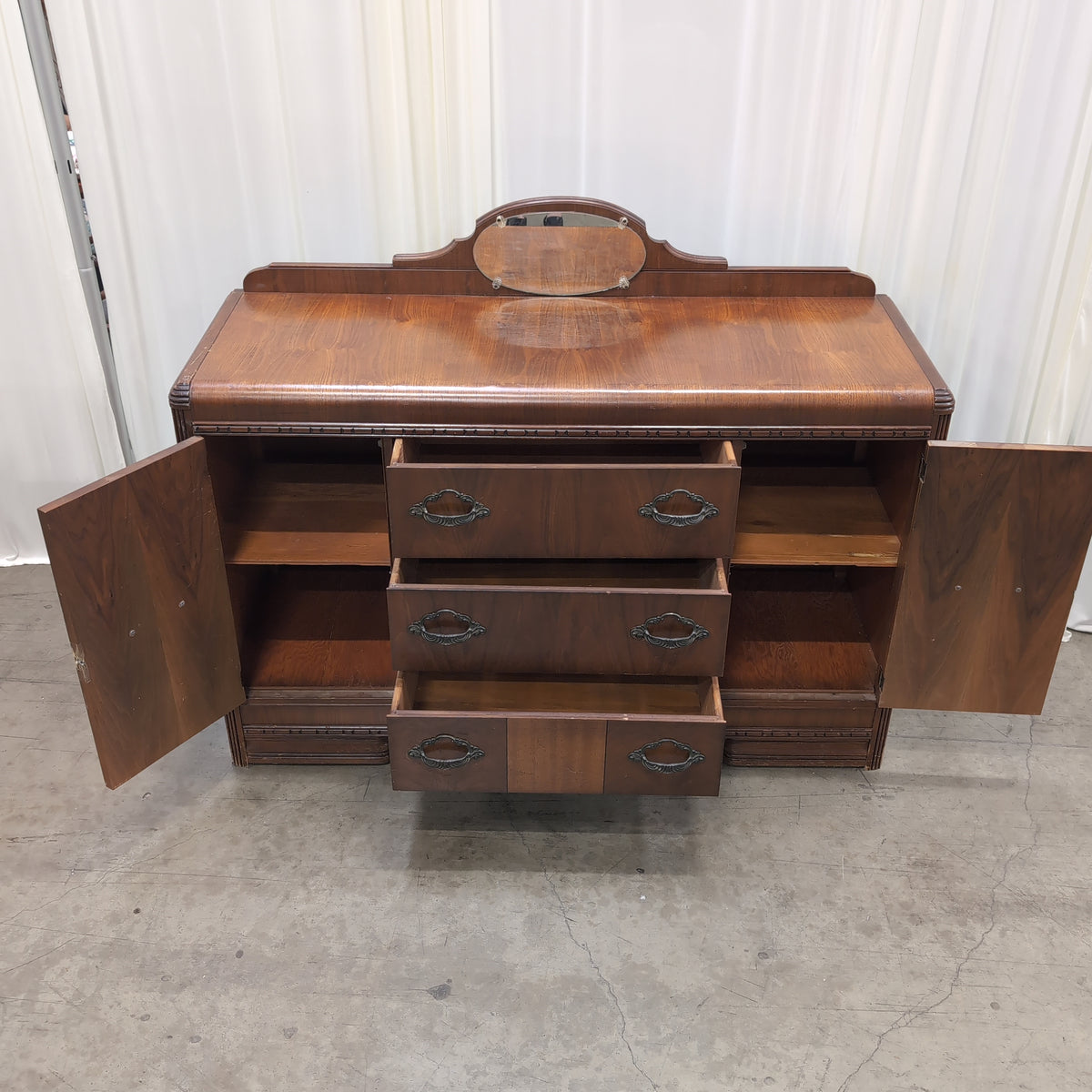 Brown Wood Art Deco Style Dresser with Attached Mirror