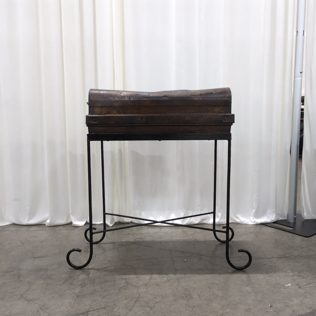Rustic Brown Metal Trunk on Metal Stand