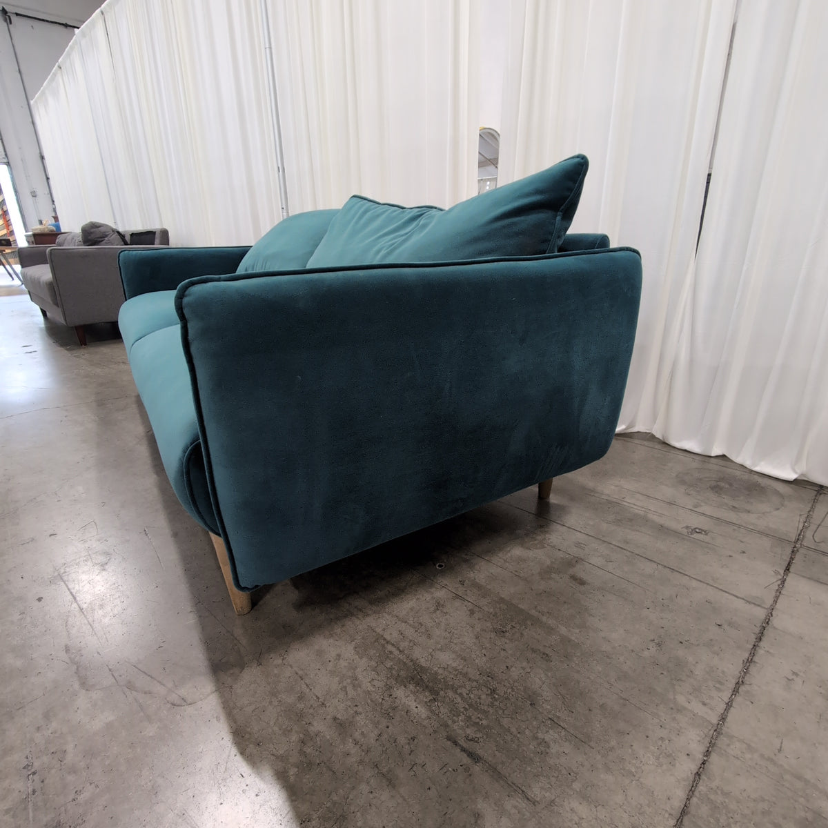 Vinceza Home Designs-Modern Teal Velvet Couch with Wood Base