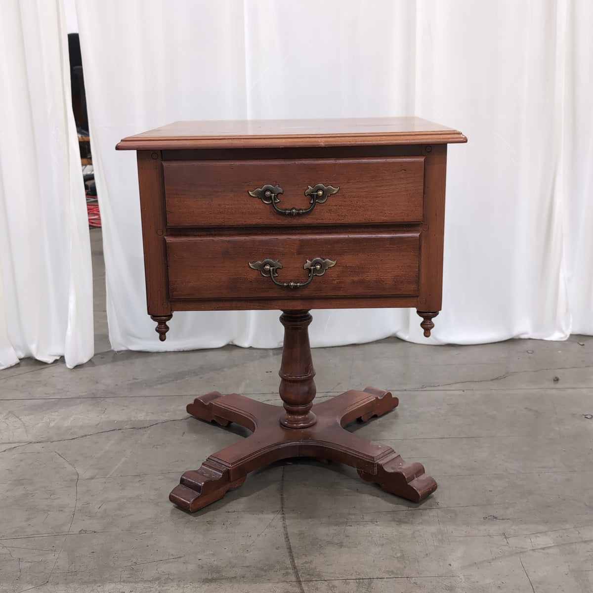 Cherry-Stained Wood Pedestal End Table