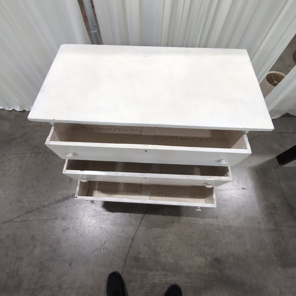 White Wood Three-Drawer Dresser with Round Knobs