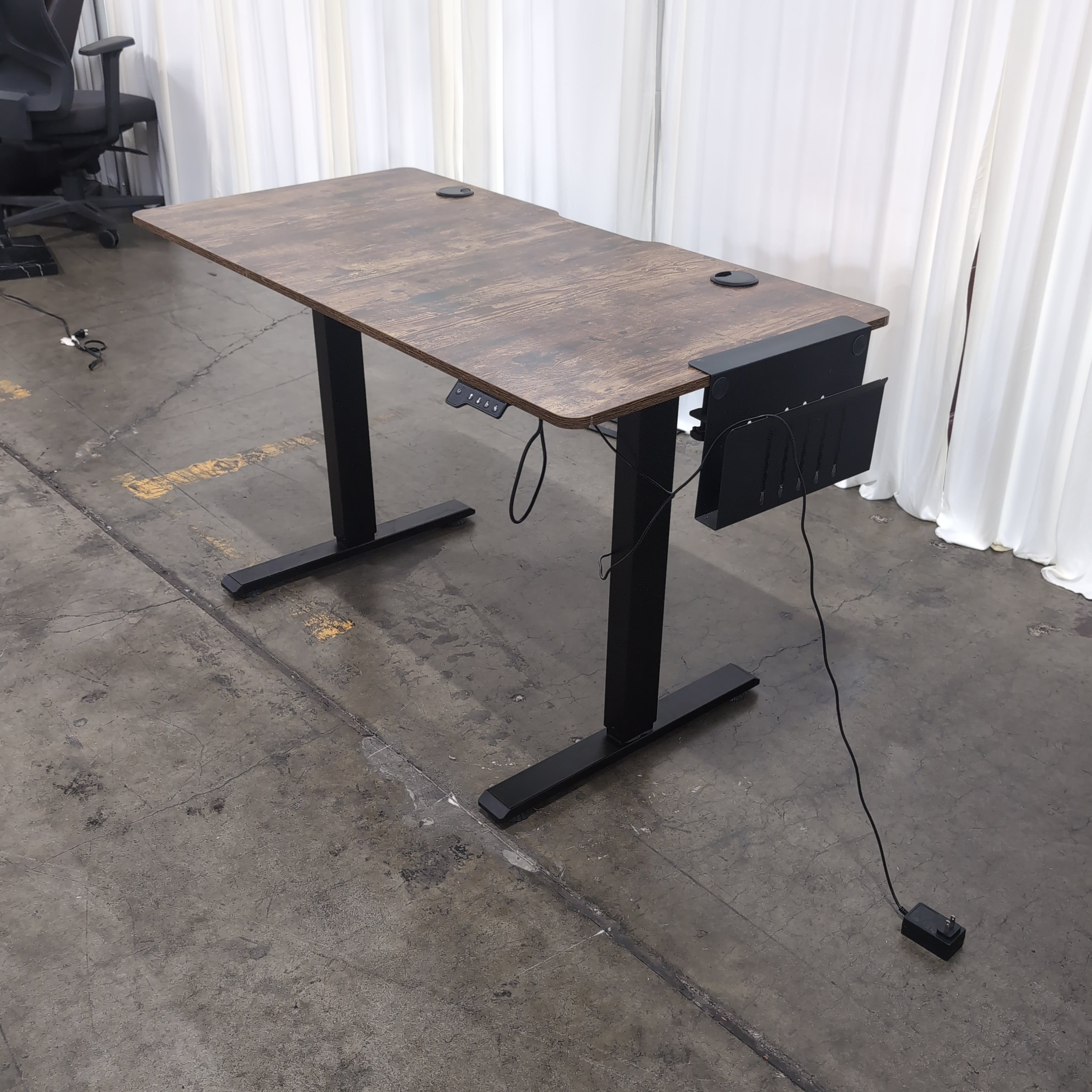 Dark Wood Look Adjustable Height Desk with Black Metal Base