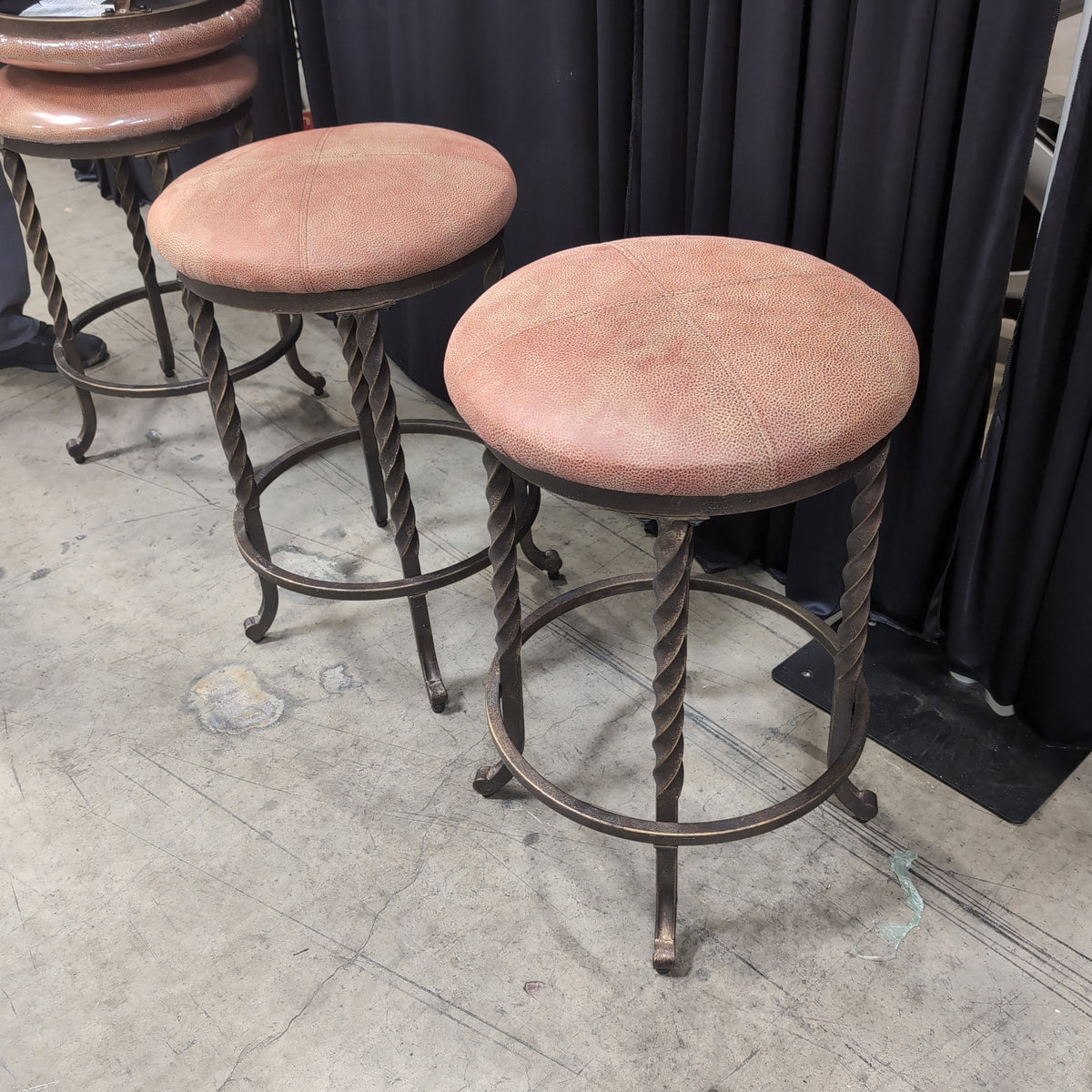 Pair of Twisted Wrought Iron Bar Stools with Upholstered Seats