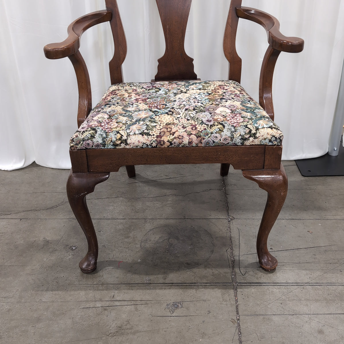Queen Anne Style Dark Wood Armchair with Floral Upholstery