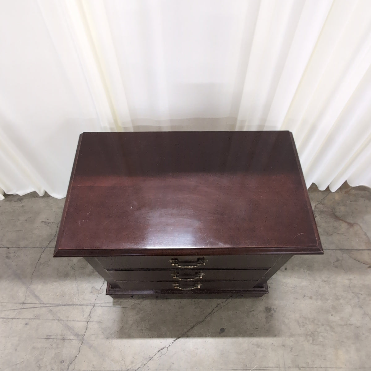 Mahogany Finish Three-Drawer Nightstand with Ornate Hardware