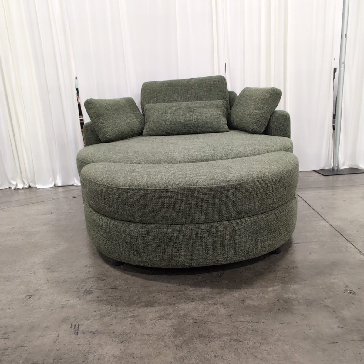 Muted Green Upholstered Round Couch with Ottoman