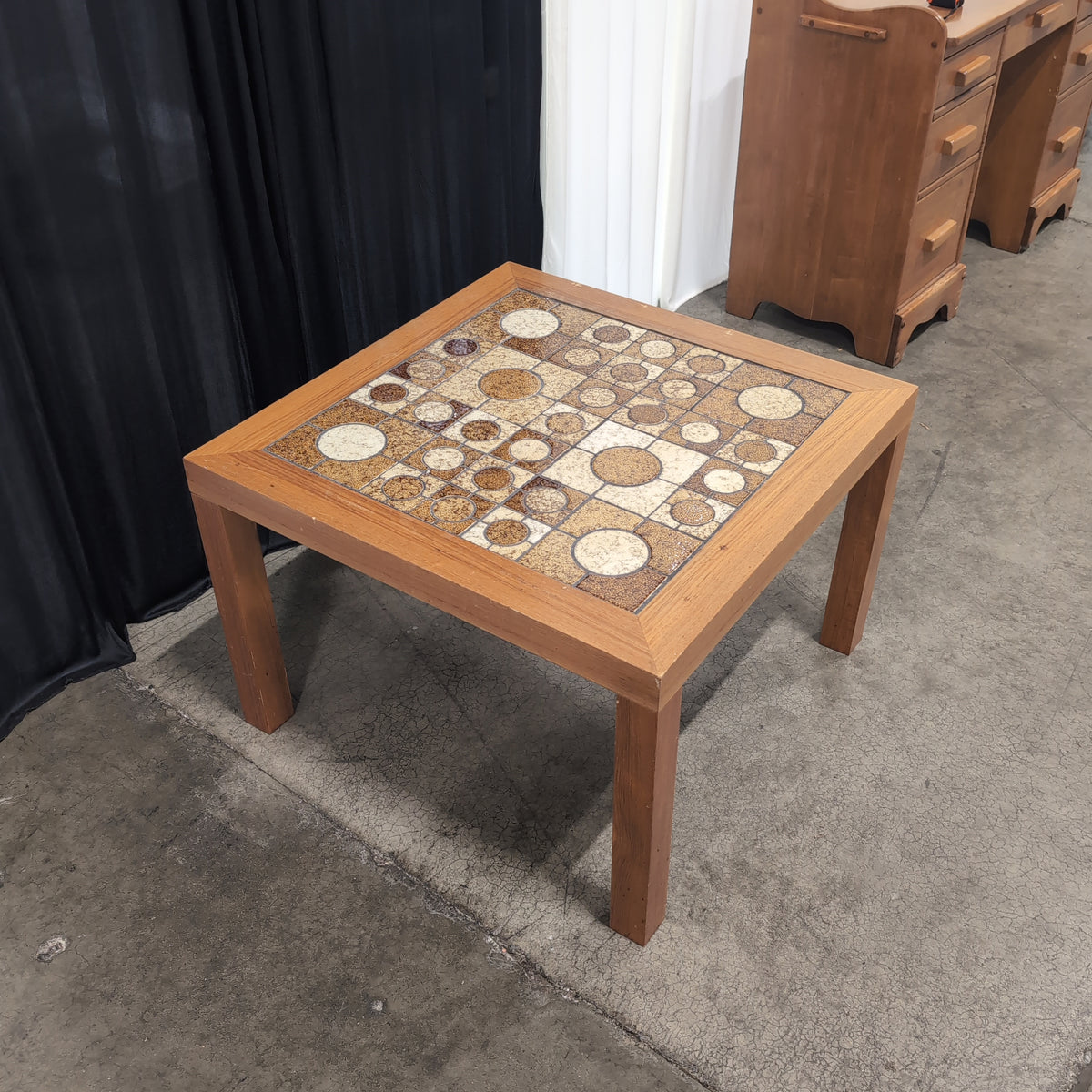 Mid-Century Modern Wood End Table with Tiled Top