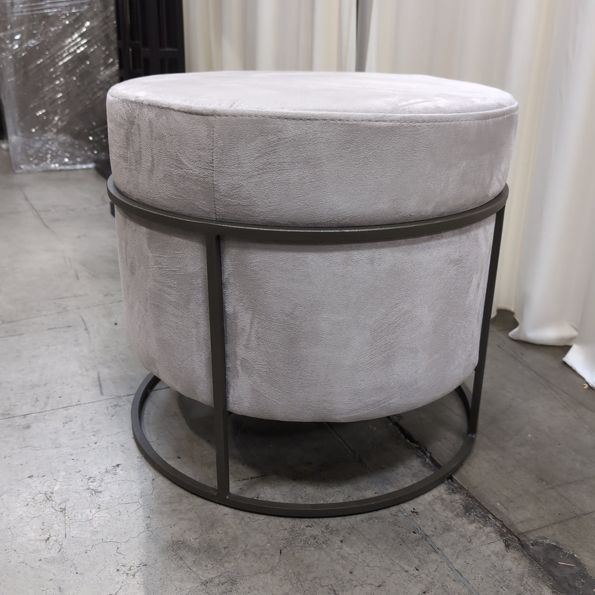 Grey Round Velvet Ottoman with Metal Frame