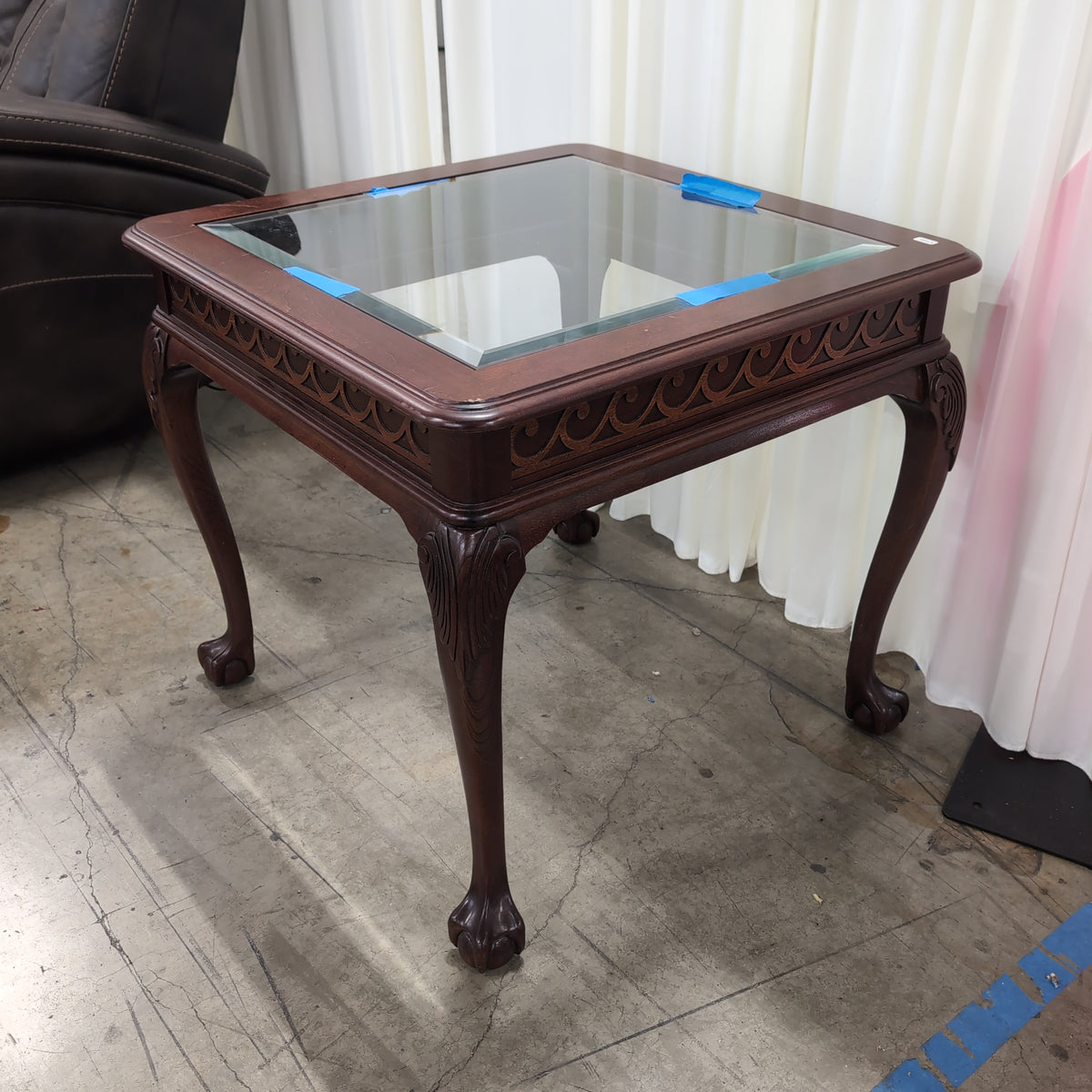 Carved Dark Wood Square End Table with Glass Top