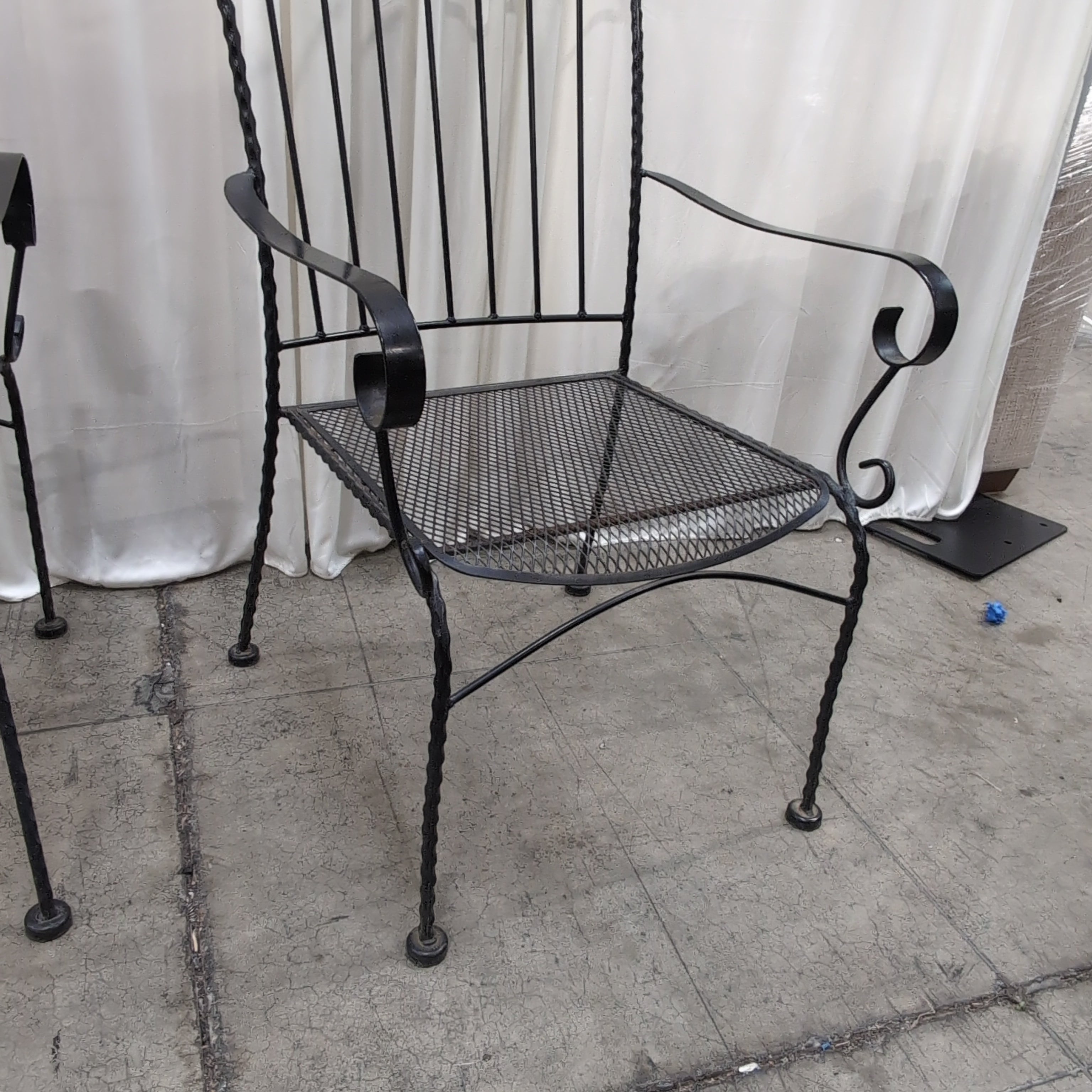 Set of Three Black Scrolled Metal Outdoor Chairs with Gray Cushions