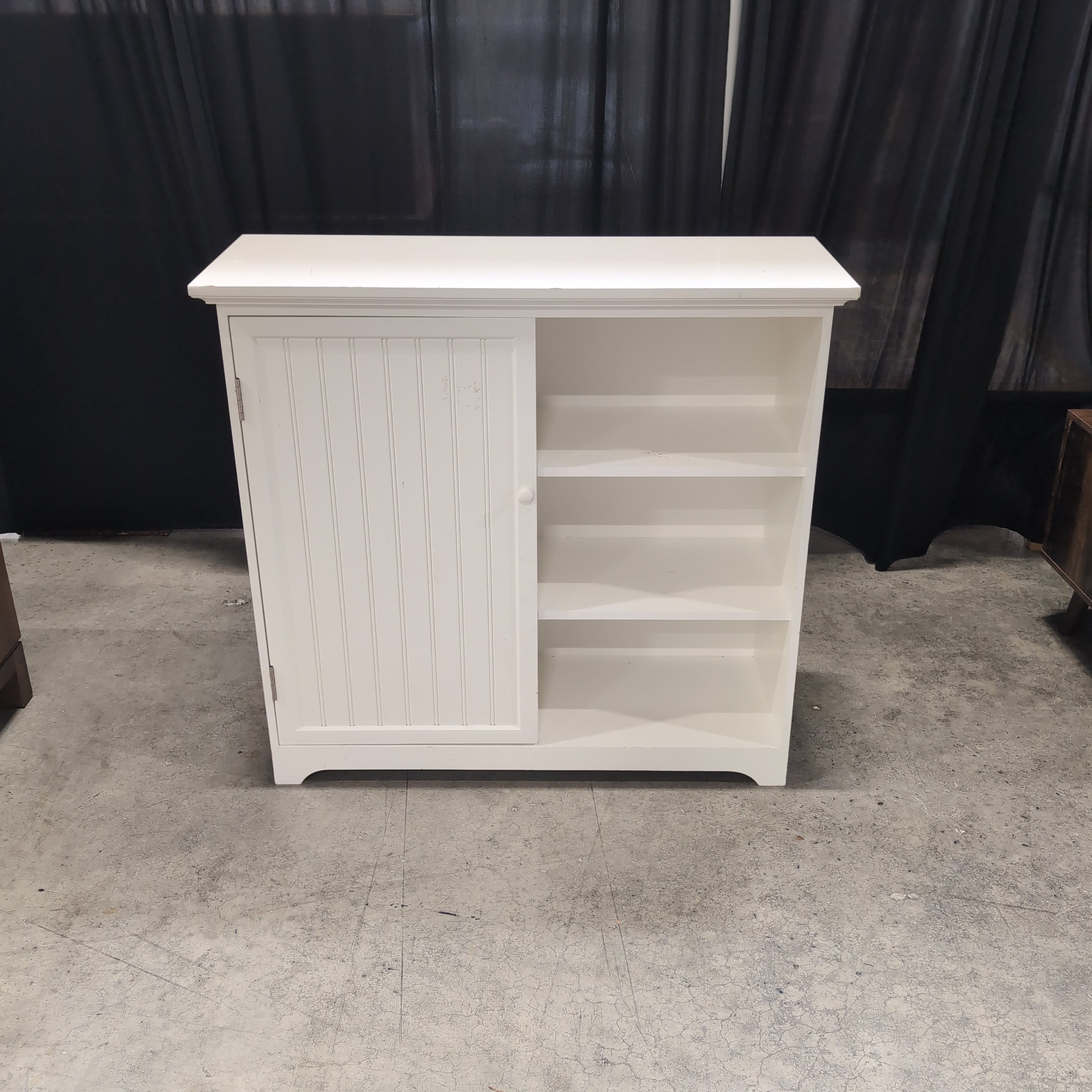 White Beadboard Storage Cabinet with Open Shelving