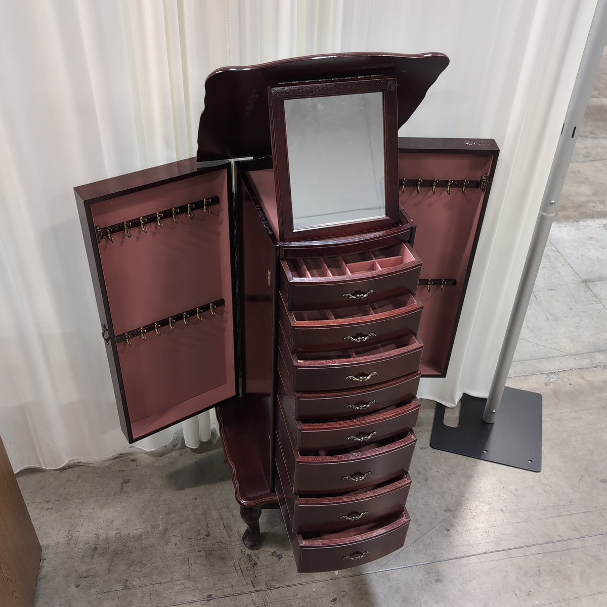 Traditional Dark Cherry Wood Jewelry Armoire with Ornate Hardware