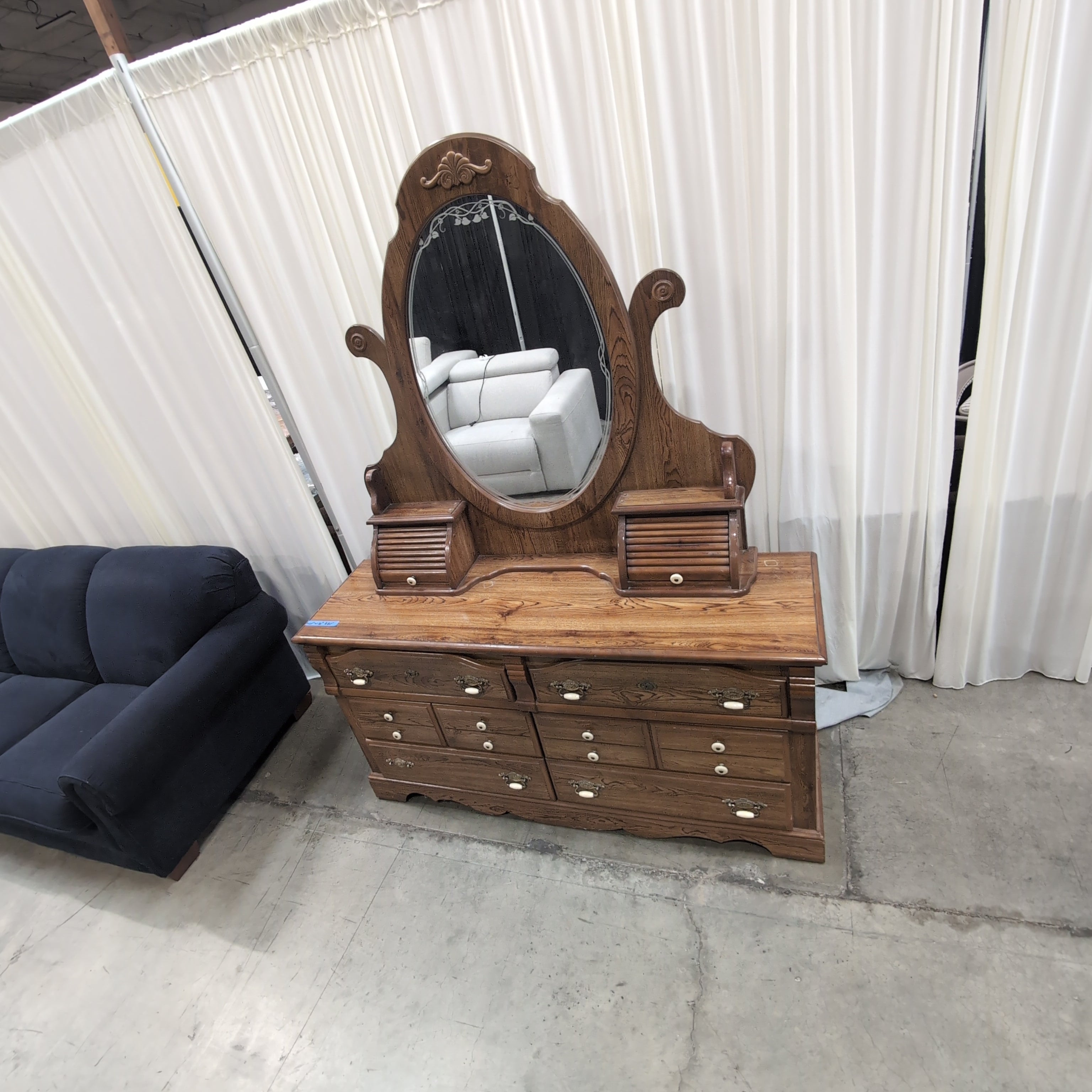 Ornate Hardwood Six-Drawer Dresser with Mirror